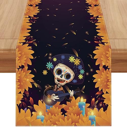 Jiudungs Camino de mesa de lino de 13.0 x 71.7in Día de los Muertos Dia De Los Muertos Caléndula Decoración de mesa temática mexicana Decoración y