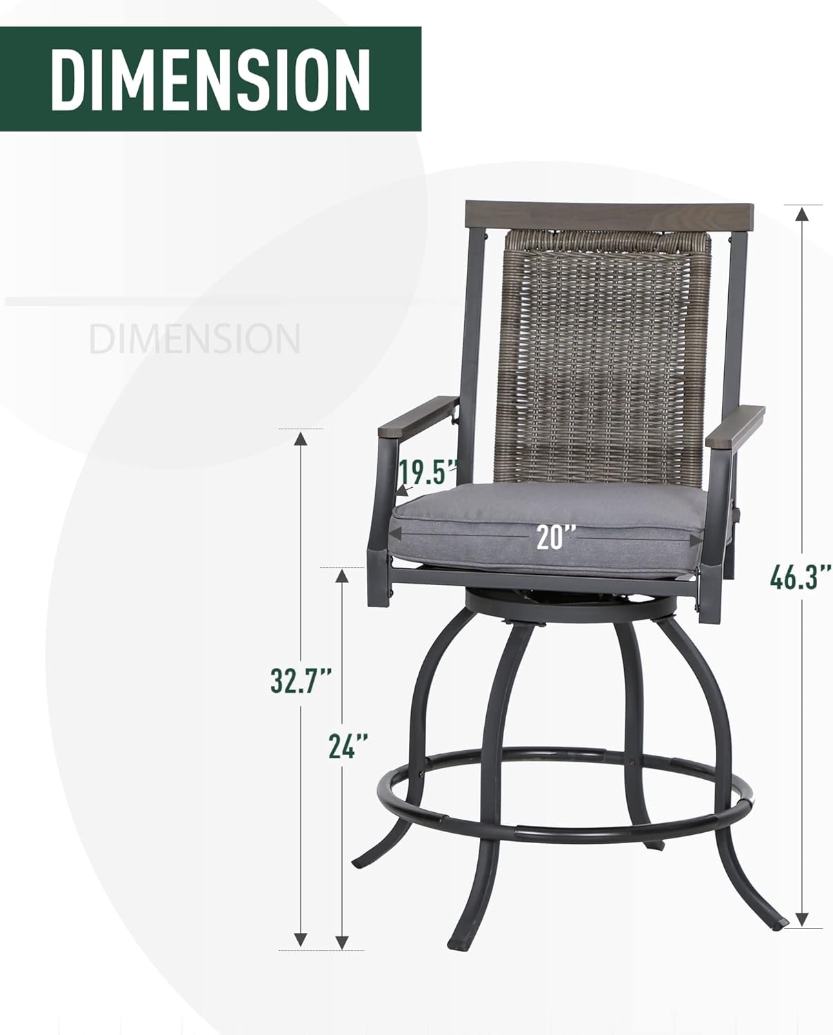 PHI VILLA Outdoor Swivel Bar Stools (24" Seat Height) with Rattan Backrest and Wood-Like Armrest Set of 4, Counter Height Patio Chair with 3.5" Padded Grey Cushion,All Weather for Garden,Yard,Lawn : Patio, Lawn & Garden