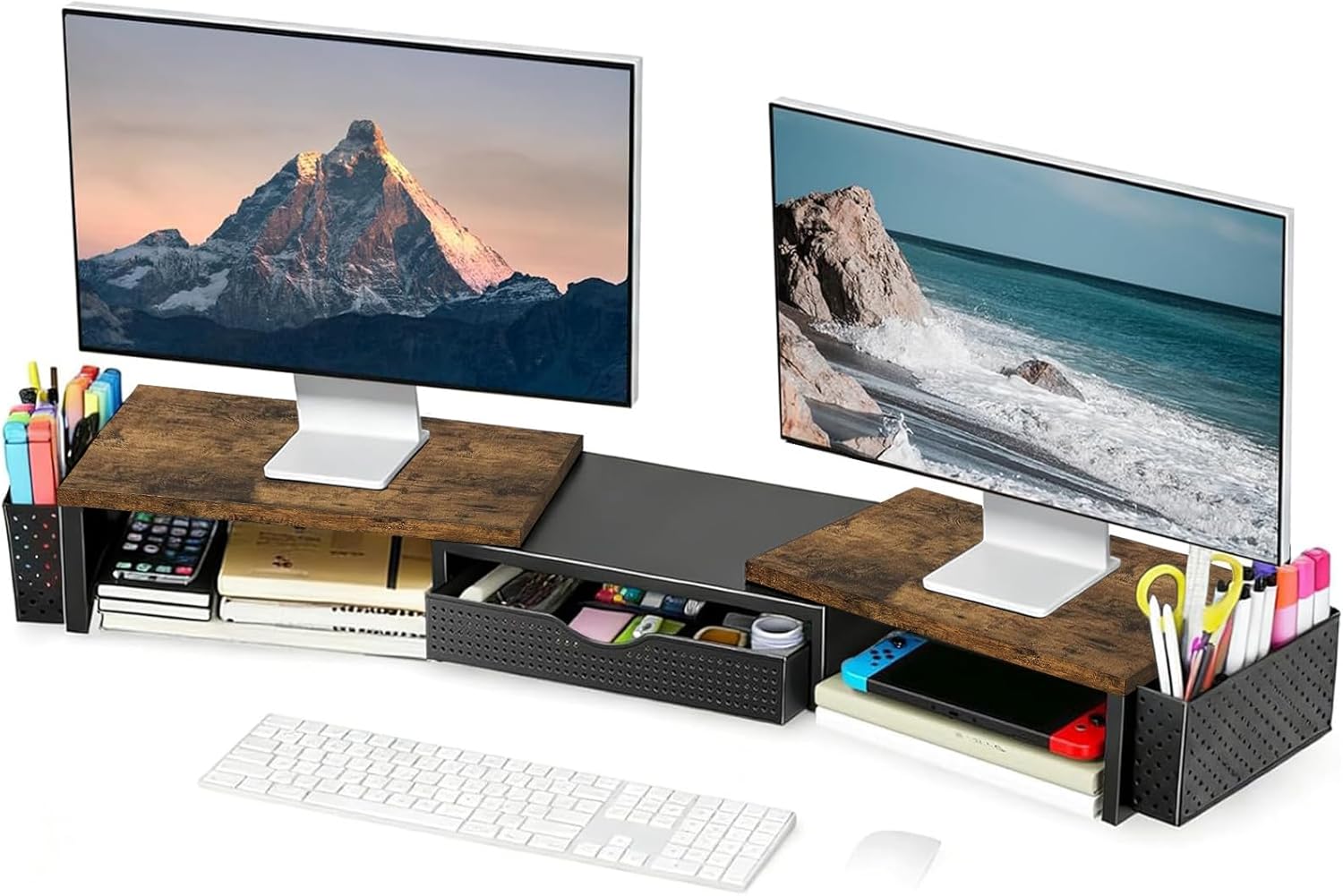 Spacrea Metal Desk Organizers and Accessories, Dual Monitor Stand Riser with Drawer and 2 Pen Holders, Desk Accessories & Workspace Desktop Organizers for Office Supplies (Wood)