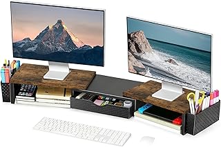 Spacrea Metal Desk Organizers and Accessories, Dual Monitor Stand Riser with Drawer and 2 Pen Holders, Desk Accessories & Workspace Desktop Organizers for Office Supplies (Wood)