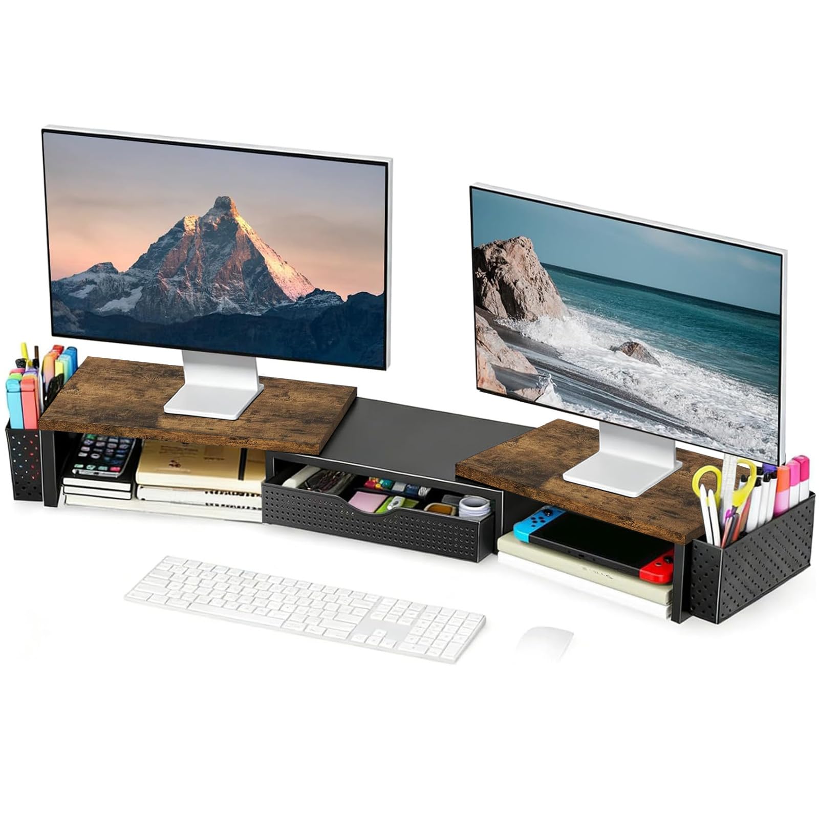 Spacrea Metal Desk Organizers and Accessories, Dual Monitor Stand Riser with Drawer and 2 Pen Holders, Desk Accessories & Workspace Desktop Organizers