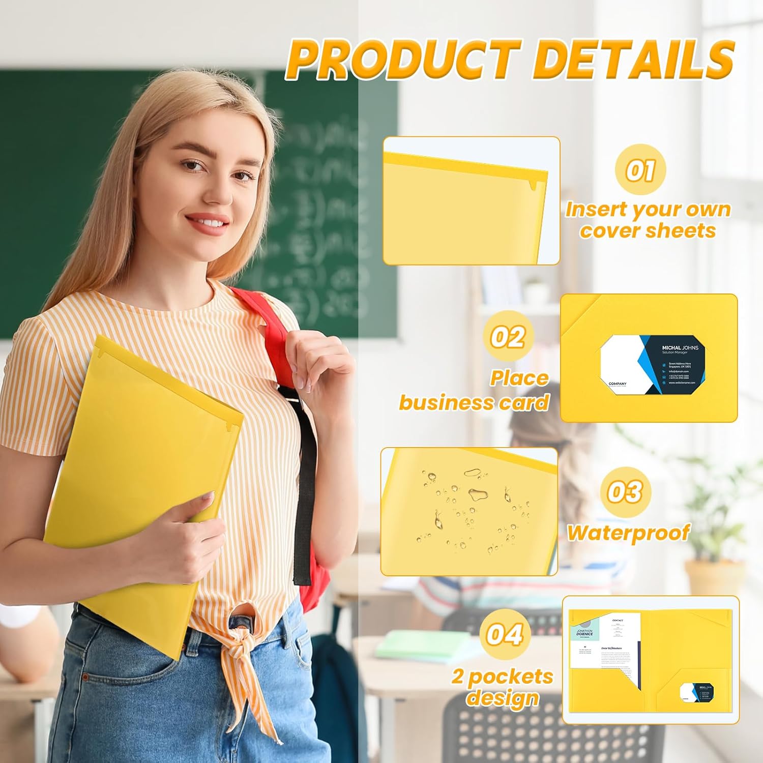 Henoyso 36 Pack Yellow Plastic Folders with Clear Front Pockets Heavy Duty File Folders with 2 Pockets and Card Slot for Student Communication School Office Presentation Report