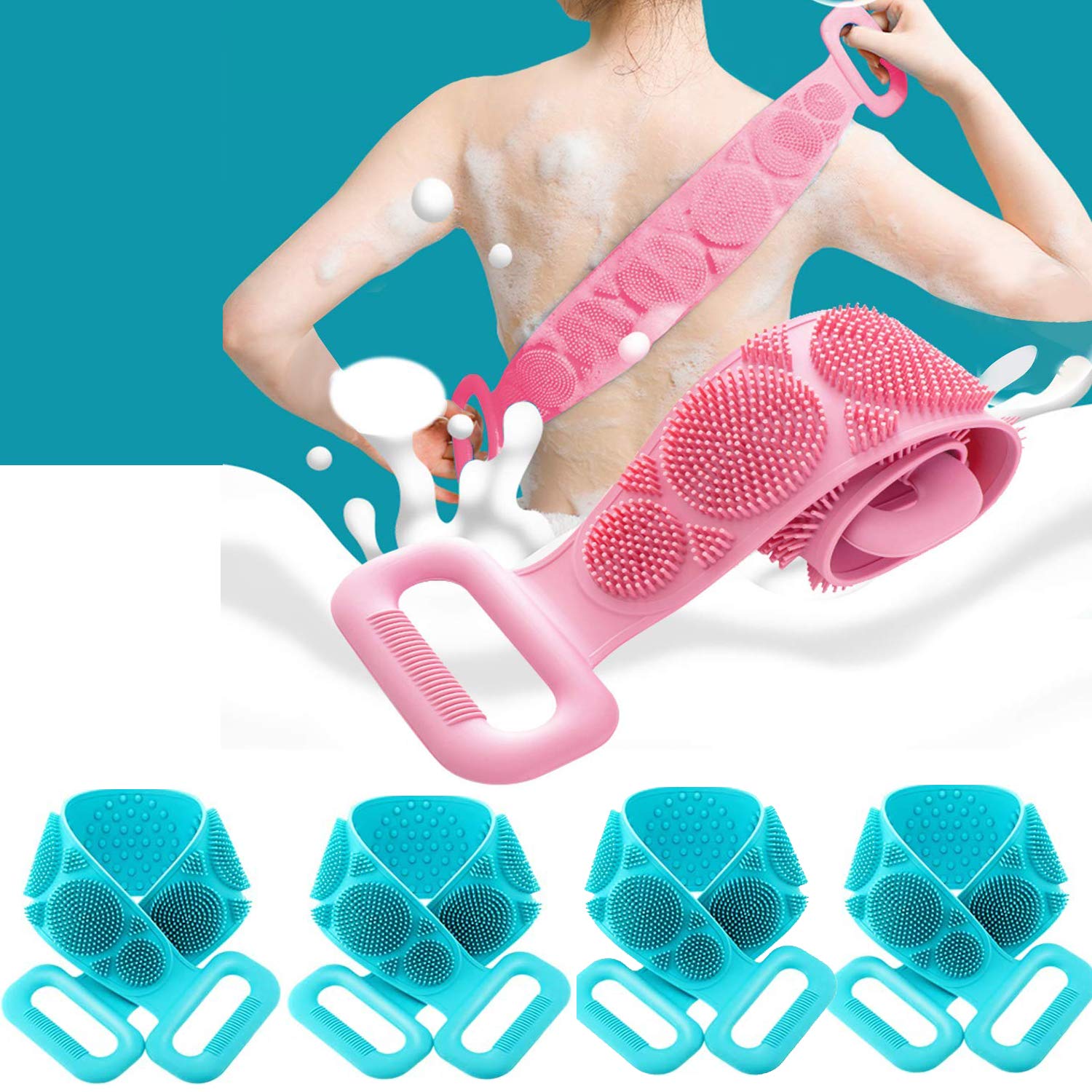 WISHLAND™ Both Side Usable Silicone Bath Body Brush,Exfoliating Long Silicone Body Back Scrubber, Easy to Clean, Lathers Well, Eco Friendly, Long Lasting (Pack of 4)