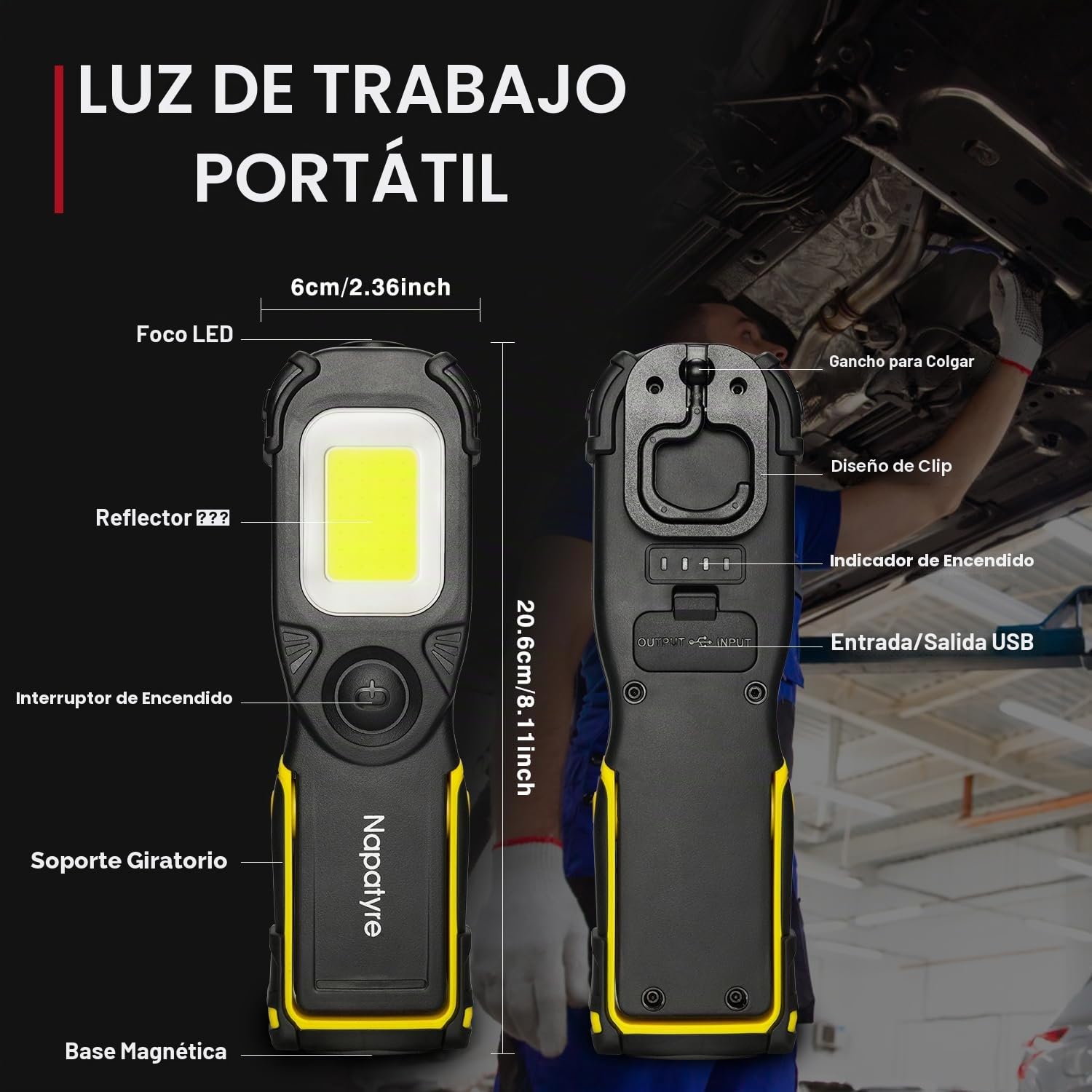 Linterna de Trabajo LED Recargable, 5200mAh Luz de Trabajo Lámpara de Taller con Base Magnética Giratoria de 180°, 1000LM 3 Modos Linterna Mecanico para Garaje, Camping, Emergencia