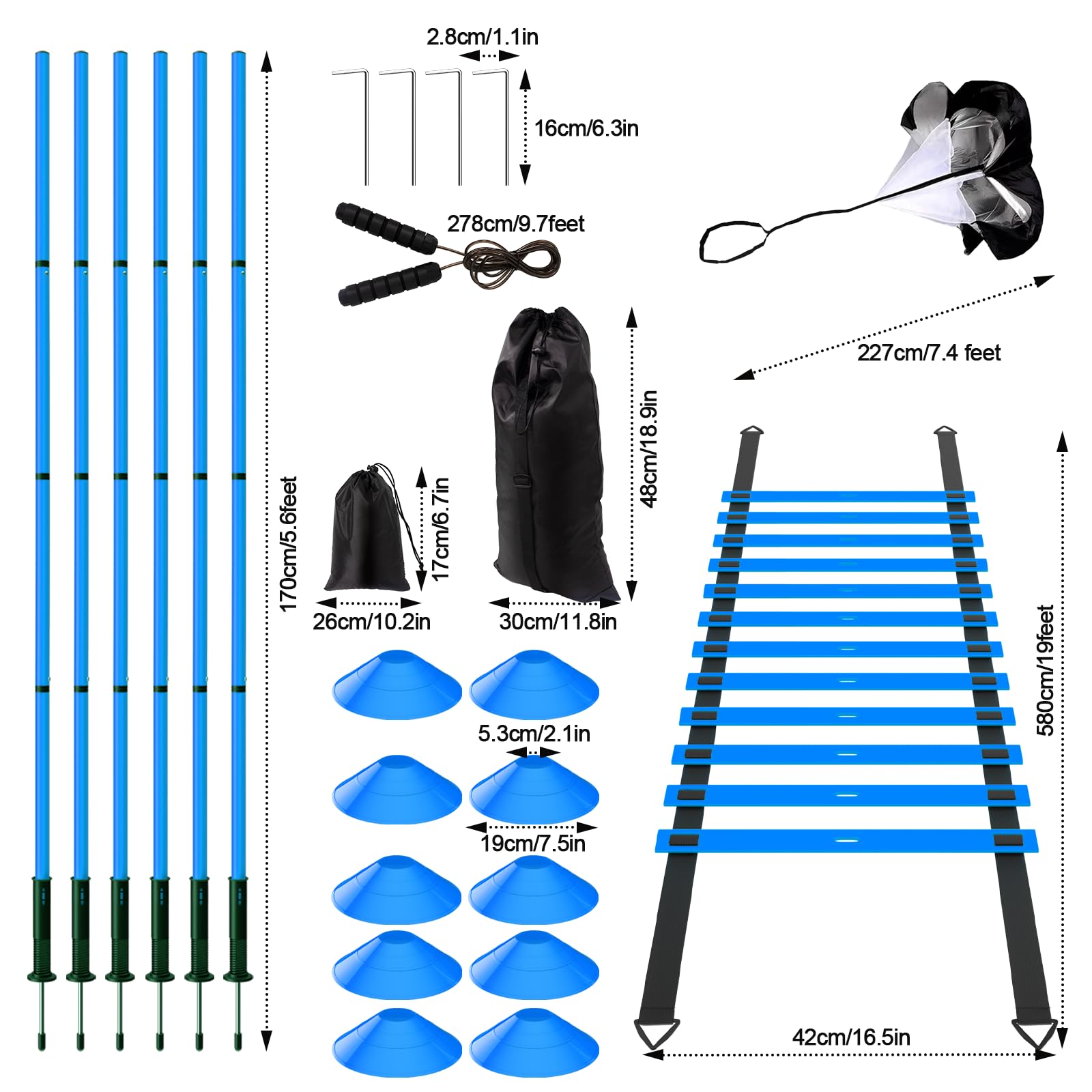 Juego de 24 piezas de equipo de entrenamiento de agilidad de fútbol, bastones de agilidad, escalera más para un montaje rápido y fácil portabilidad, adecuado para todos los niveles de