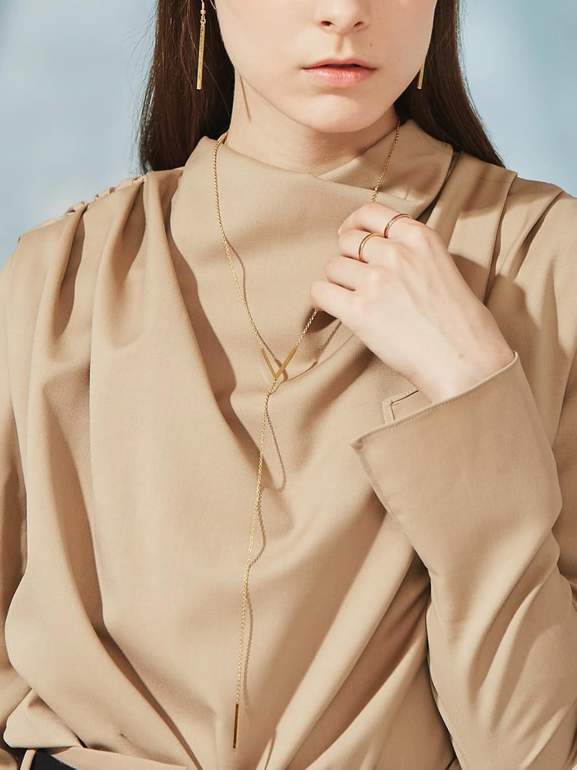 FOCALOOK Long Necklaces for Women 14K Gold Plated Dainty Drop Bar Pendant Lariat Y-Shaped Necklace Earring Set 28inch/73cm - Image 6