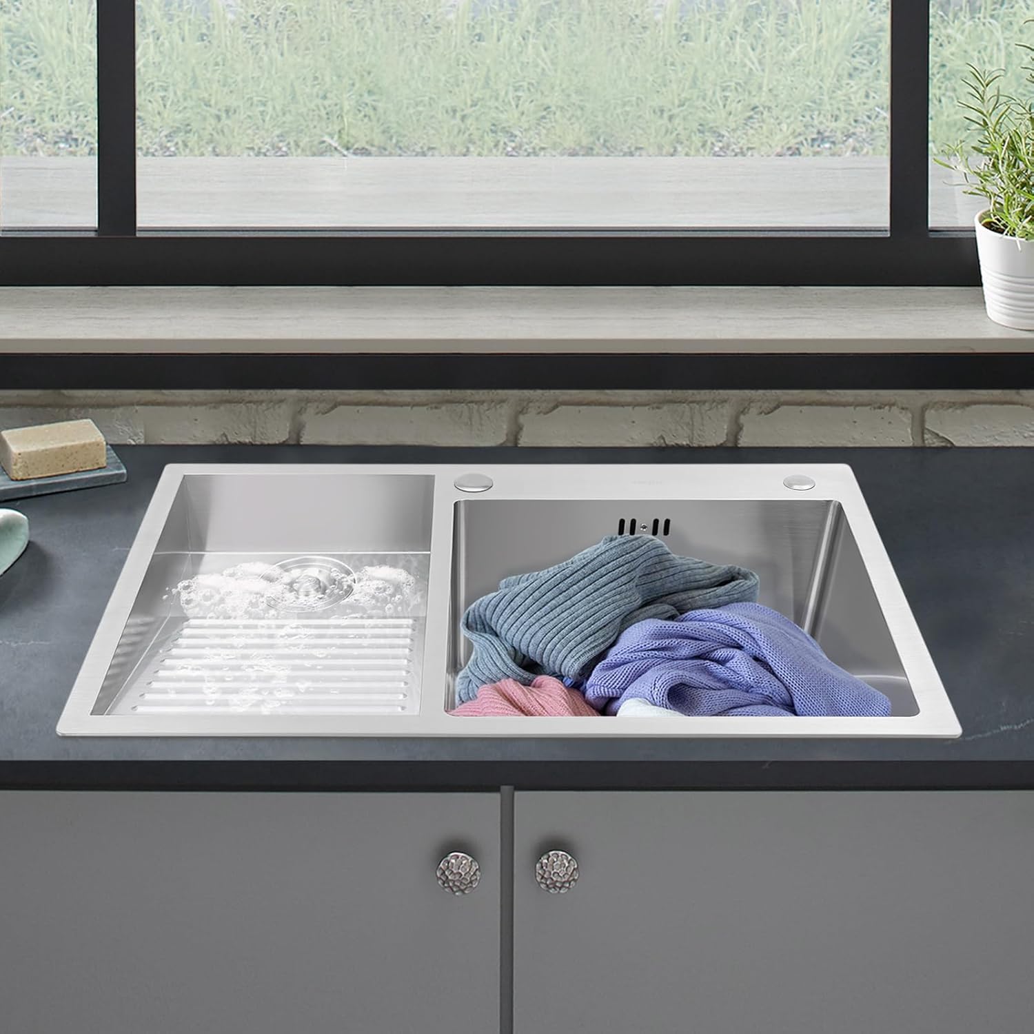 Évier de cuisine 800 mm inox avec plan de travail, grand bac pour buanderie et balcon intérieur
