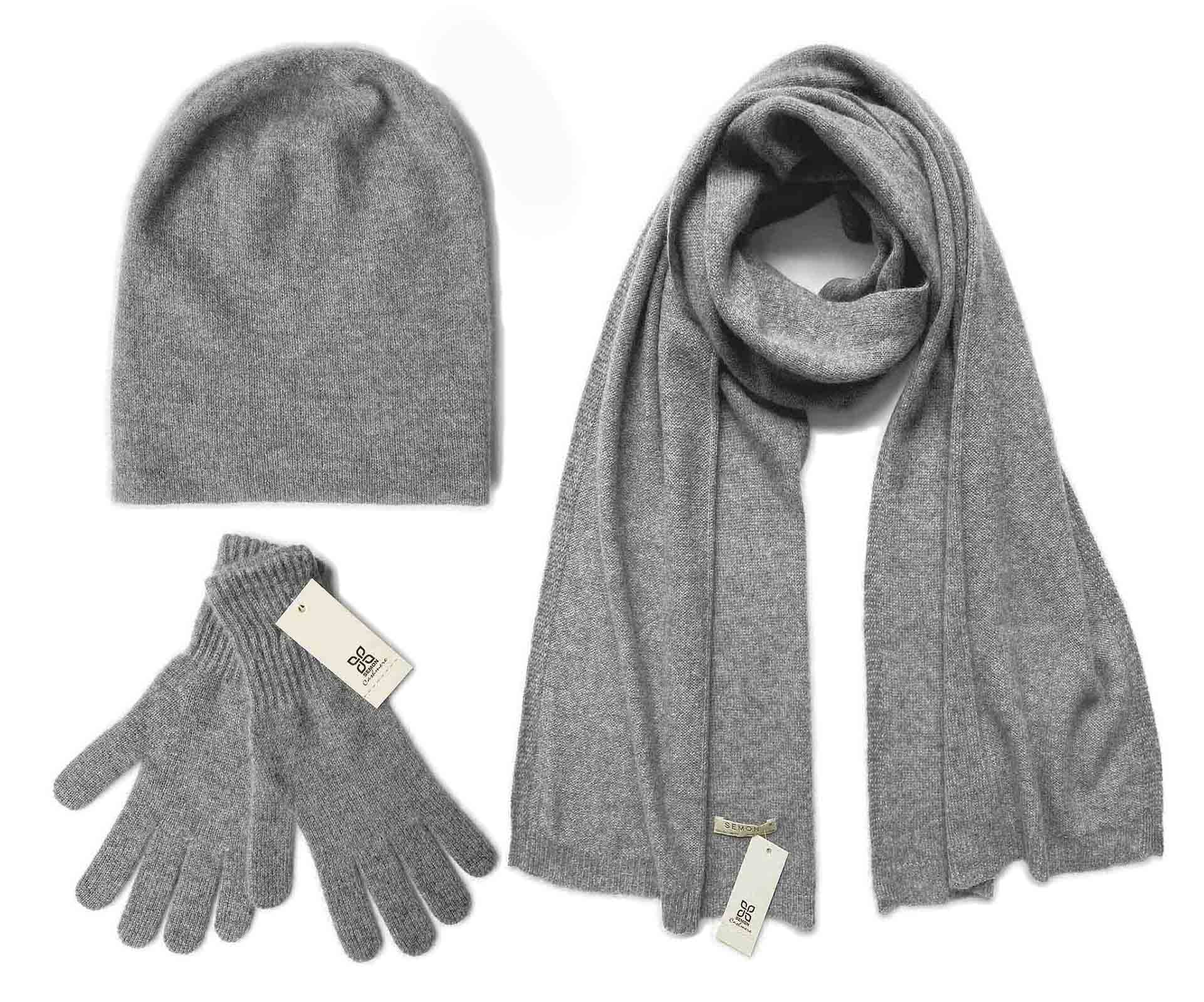 Damen-Set aus 100 % reinem Kaschmir, Schal und Handschuhe, passende Beanie-Mütze, Handschuhe und Schal, 3-teiliges Set, 3-in-1-Winter-Strick-Set, Damen, einfarbig, warm, 3-teiliges Geschenk