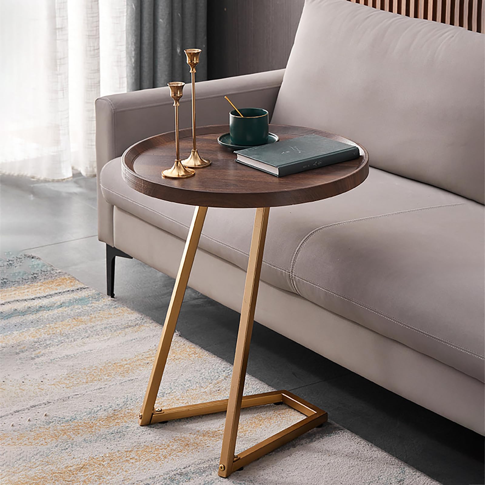Table d'appoint en Forme de C, Table de canapé coulissante sous Un Petit côté pour canapé, Plateau TV, Salon, Chambre à Coucher, lit, Meubles Modernes, Noyer