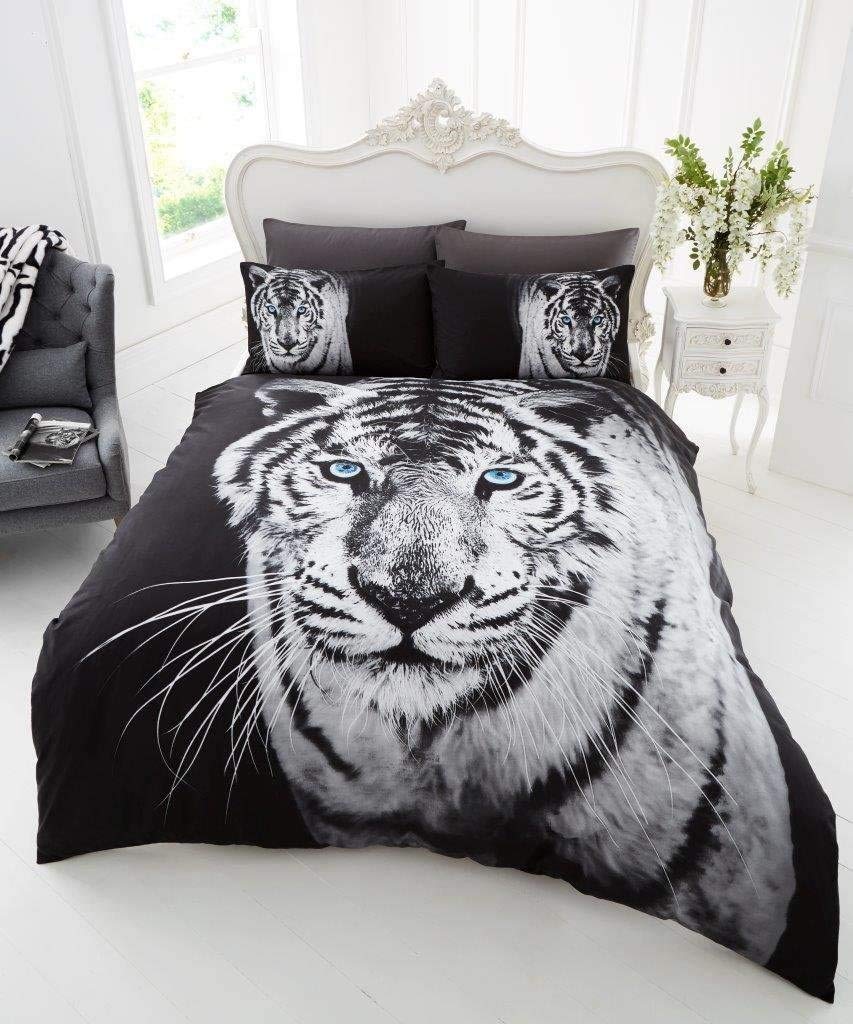 GC GAVENO CAVAILIA 3D WILDLIFE WHITE TIGER Bed Set with Duvet Cover and Pillow Case, Polyester-Cotton, Multi, Double