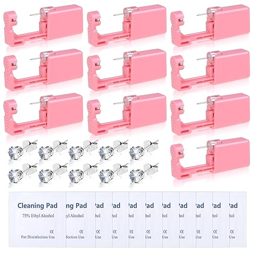 10Pcs Ear Piercing Kit, Evatage Disposable Self Ear Piercing Gun Kit, Nose Piercing Tools with Crystal Stud Earrings for Home Salon Piercing
