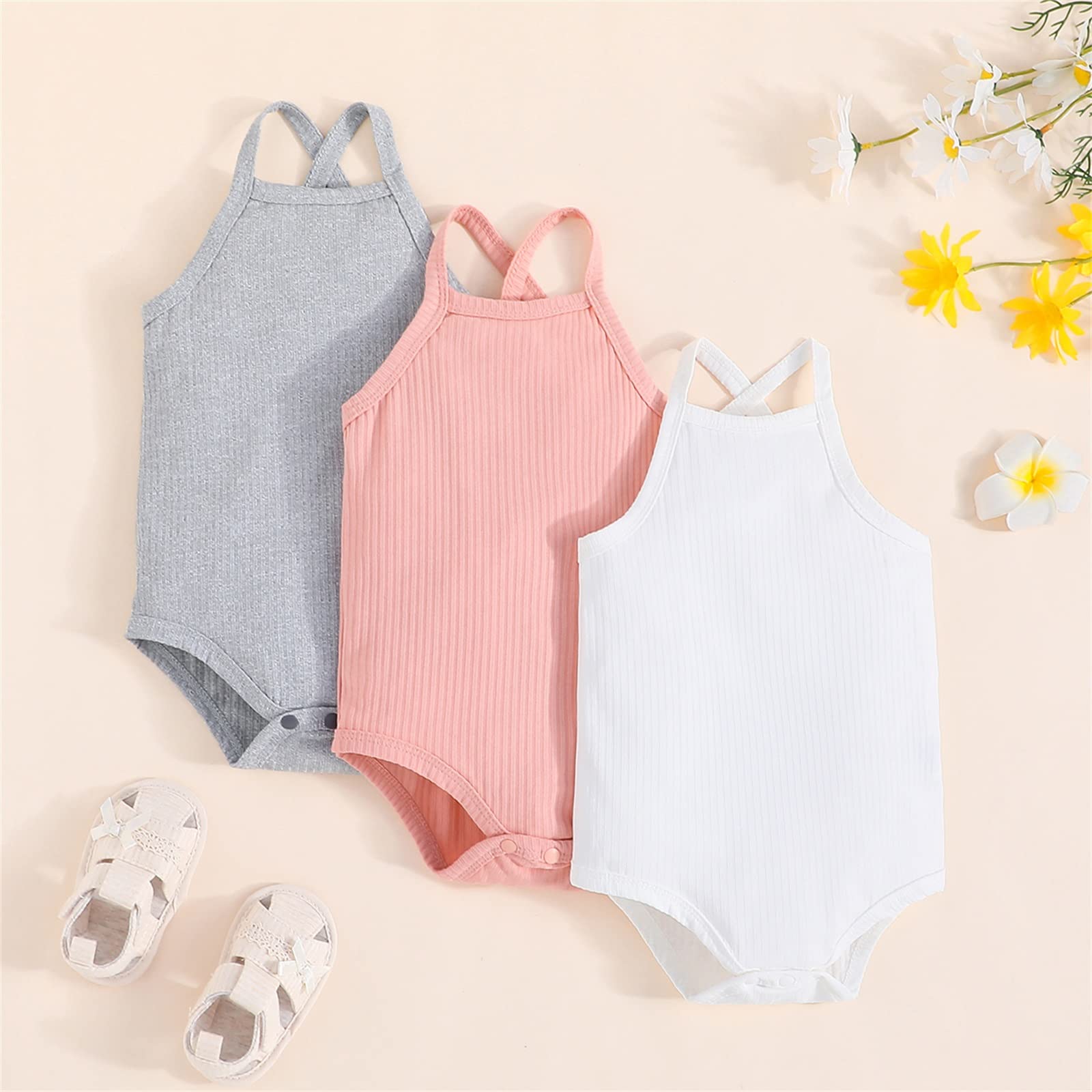 Newborn Baby Girl Boy Summer Romper Pack Tank Top Romper Sleeveless Solid One-piece Cami Bodysuit Ribbed Jumpsuit (A-White Pink Gray, 6-9 Months)