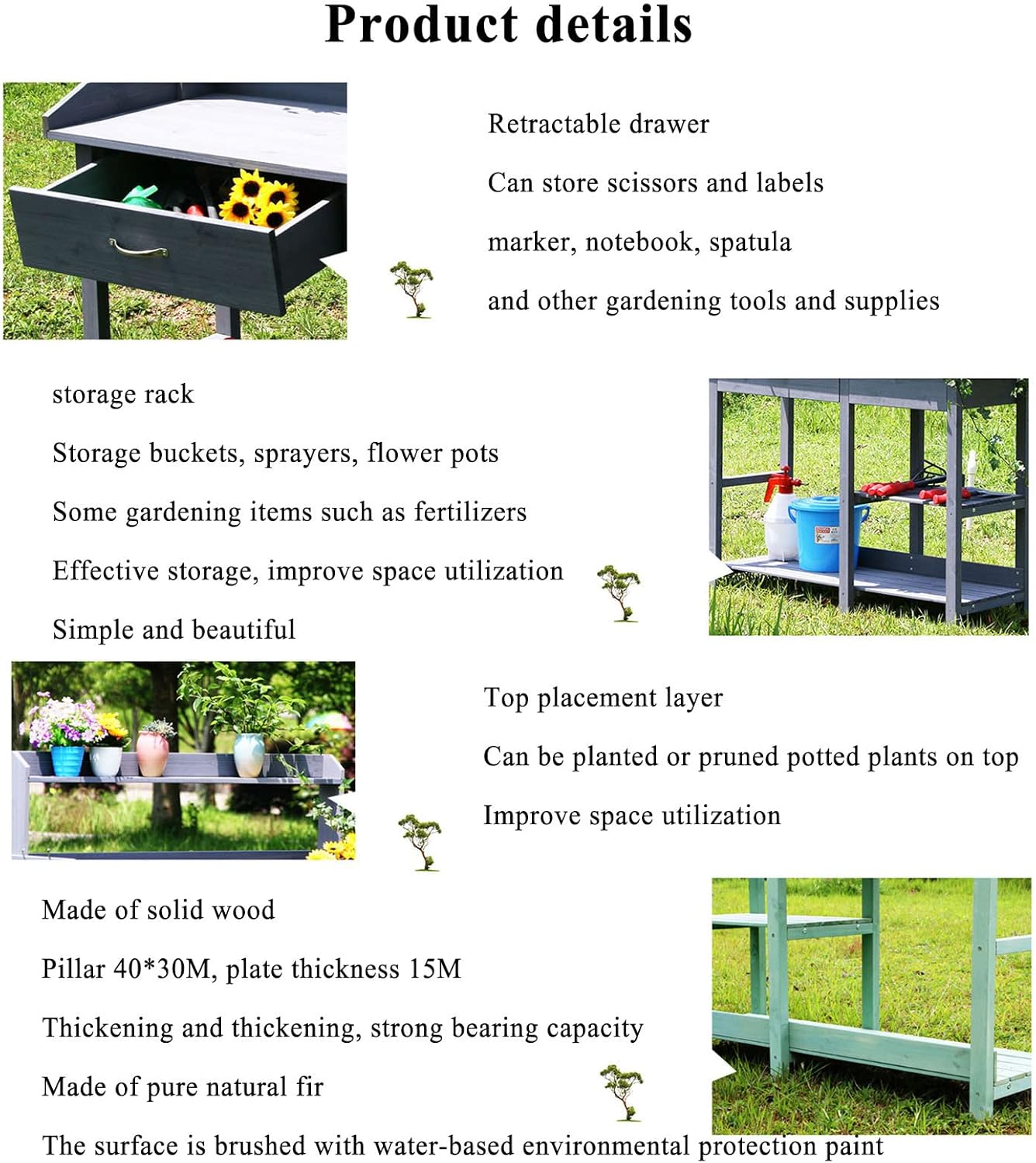 Garden Potting Bench Table, Wood Outdoor Workstation with Storage Cabinet and Planting Sink, Side Hooks and Bottom Shelf for Garden Supplies