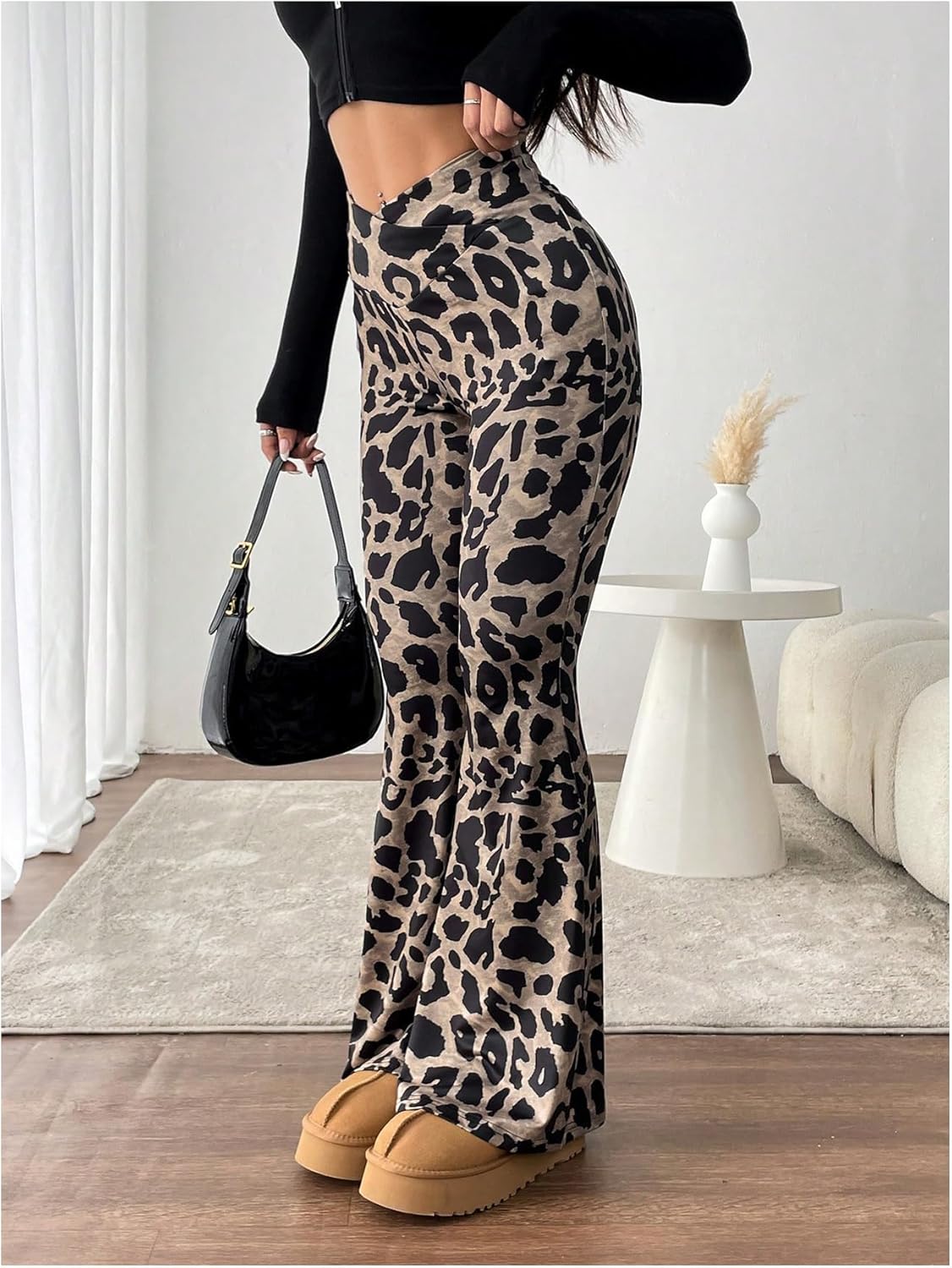 WDIRARA Women's Leopard Print Flared Pants V Crossover Elastic Waist Bell Bottom Trousers - Image 2