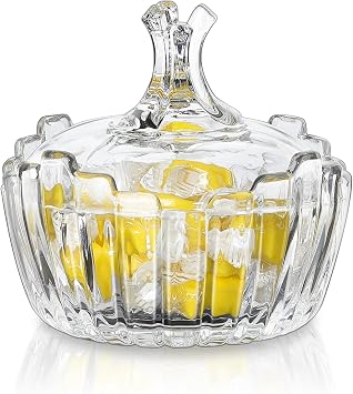 Joeyan 7 oz Glass Embossed Candy Dishes,Small Jewelry Box with Lid,Striped Covered Apothecary Canisters Cookie Jar,Decorative Wedding Candy Buffet Jar