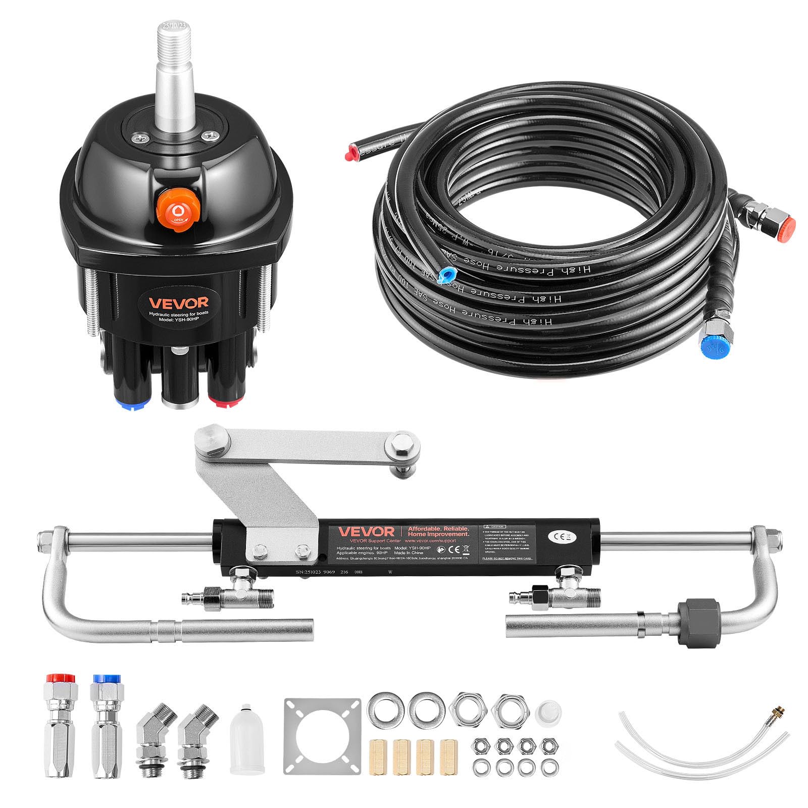 VEVOR Kit Timoneria Idraulica per Motori Fuoribordo 90 CV, Sistema di Sterzo Idraulico per Imbarcazioni con Pompa del Timone da 1000 PSI, Cilindro di Bloccaggio Bidirezionale Corsa 200 mm