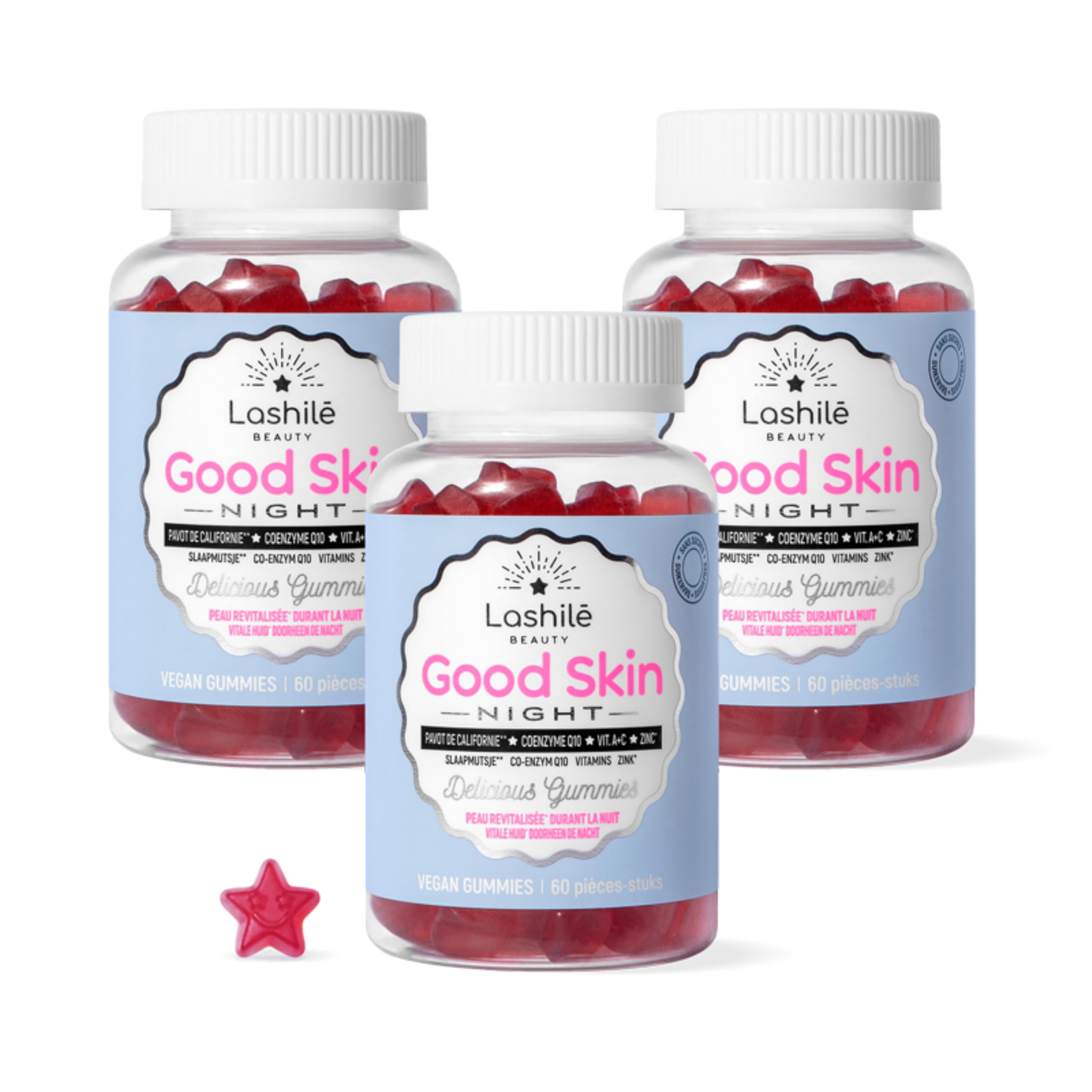 Lashilé Beauty - Complément Alimentaire - Régénérateur de peau pendant la nuit - Good Skin Night - Made In France - Coenzyme Q10 Vitamine A C Zinc - Cure 3 Mois 180 Gummies