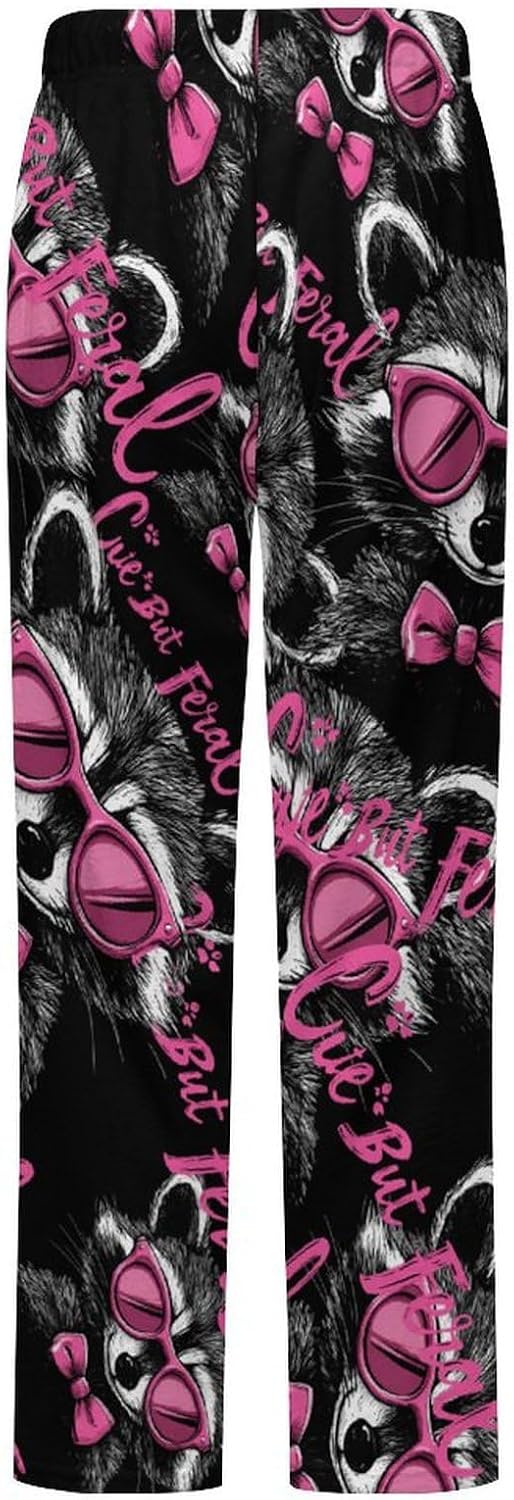 Cute But Feral Racoon With Eyeglasses Women's Pajamas Flannel Pajama Pant Lounge Bottoms Sleepwear Nightwear for Home