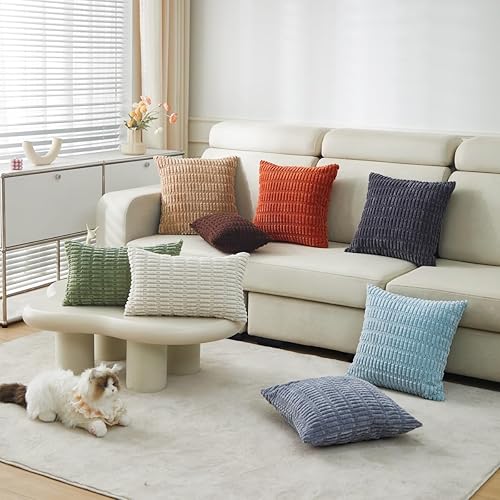 Miniatura 7 de Sunday Praise Paquete de 2 fundas de almohada decorativas de pana de 18 x 18 pulgadas, fundas de almohada cuadradas de rayas bohemias suaves para