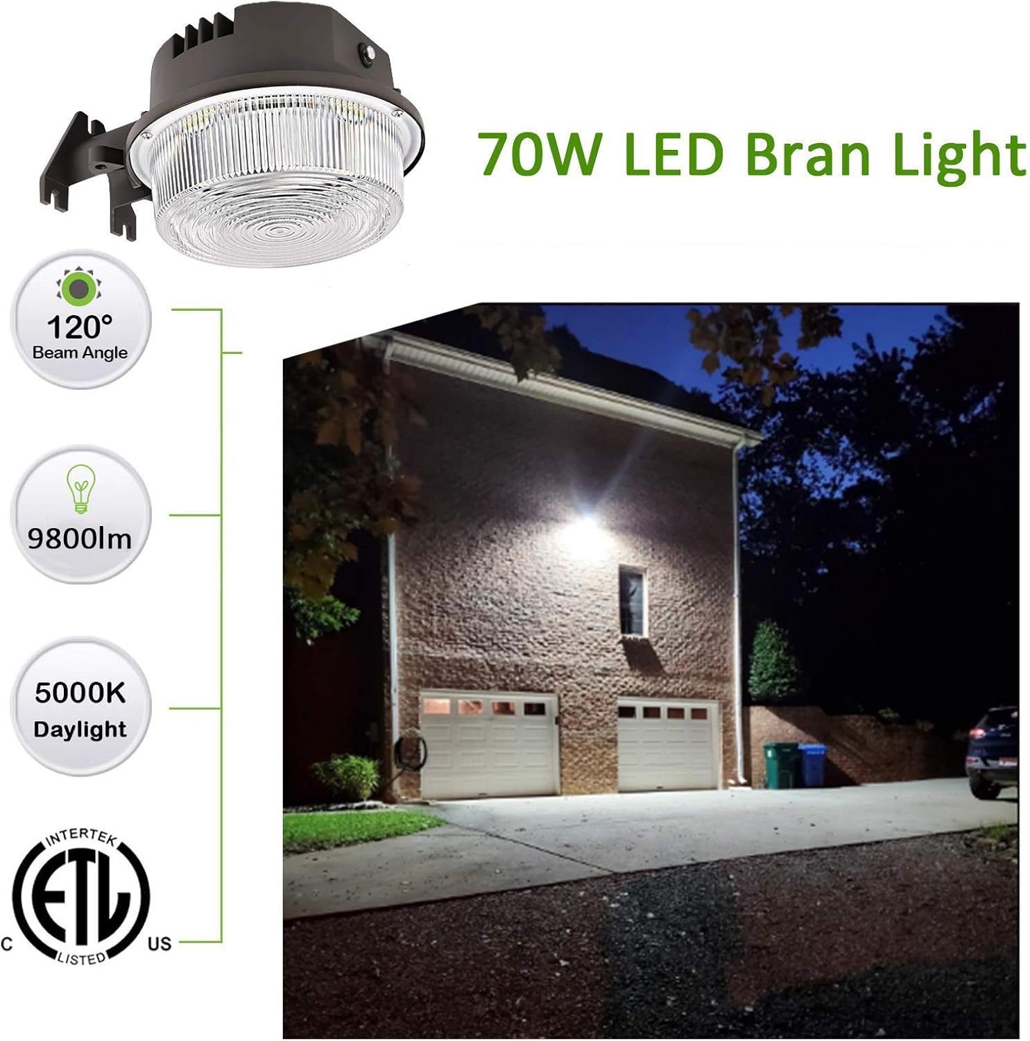 Multiple installations of the LED Barn Light illuminating a barn, garage, yard, and front porch at night.