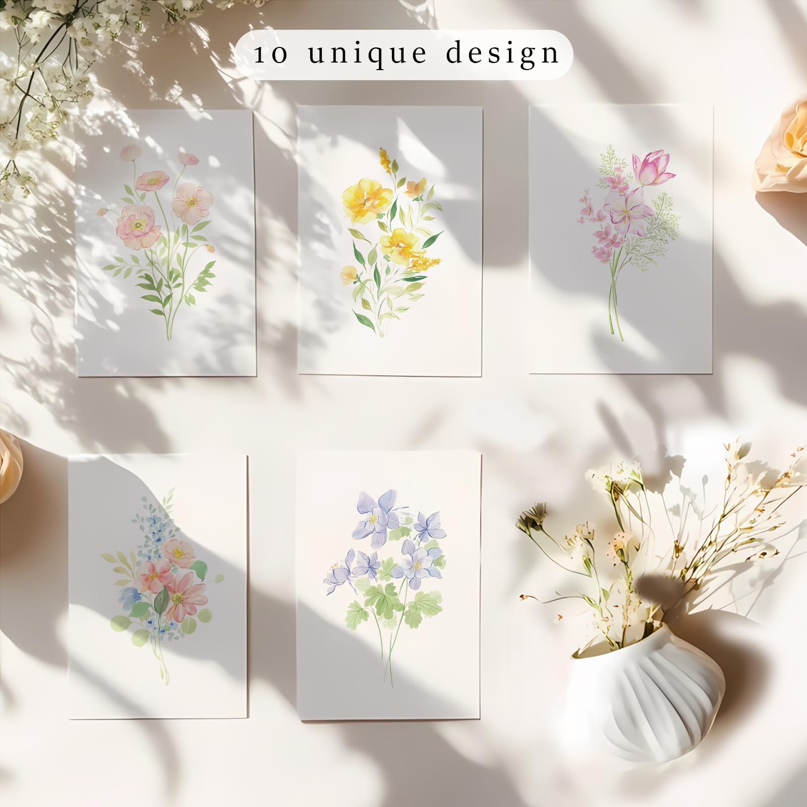 40 Pack Watercolor Blank Cards And Envelopes, 10 Floral Designs, 4 X 6 Inch Blan