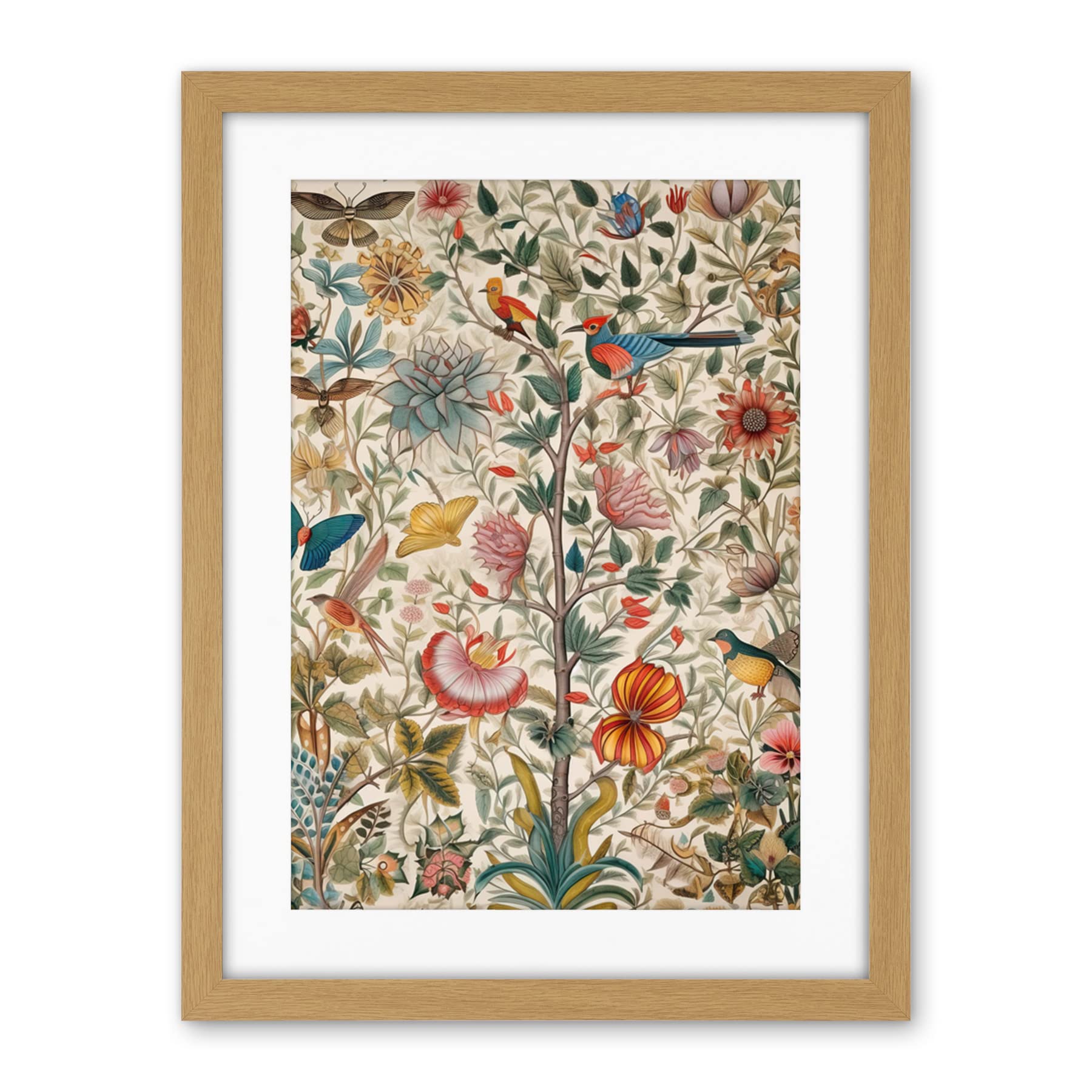 Artery8 Butterflies And Flower Plants Pattern Folk Art Watercolour Painting Artwork Framed Wall Art Print 18X24 Inch