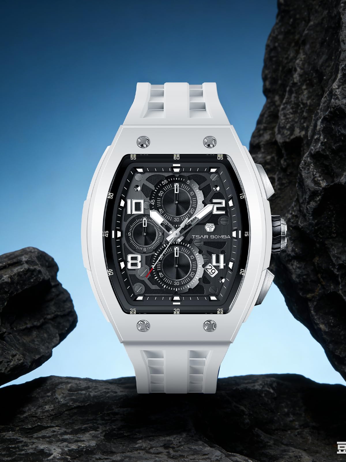 TSAR BOMBA Herrenuhr Armbanduhren für Herren wasserdichte Herren Uhren Schwarzes Armband Silbernes Edelstahlgehäuse Saphirglas Chronograph Datum Japanisches Quarzwerk Geschenke Luxus 8224/8204 Serie