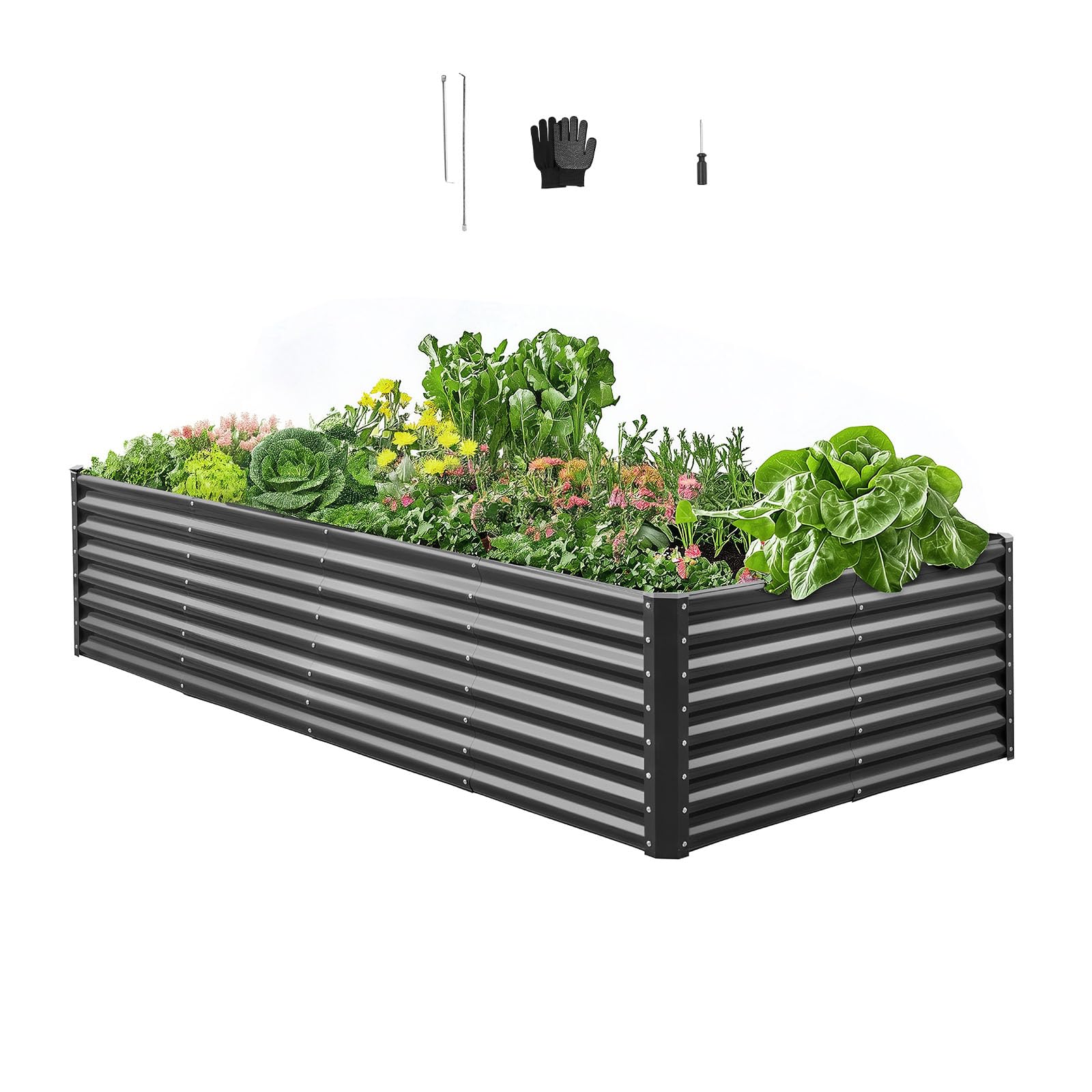 VEVOR Aiuola Rialzata in Metallo, Fioriera da Giardino Zincata per Esterni 2400 x 1200 x 600 mm, Design a Fondo Aperto, per la Coltivazione di Verdure, Erbe Aromatiche e Piante Grasse, Grigio Scuro