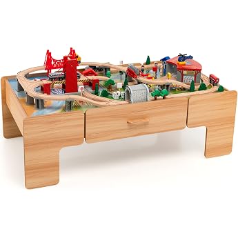 COSTWAY 100-Piece Children's Railway Set Wooden Play Table with Reversible Table Top & Drawer Wooden Train Toy for Children from 3 Years 100 Pieces