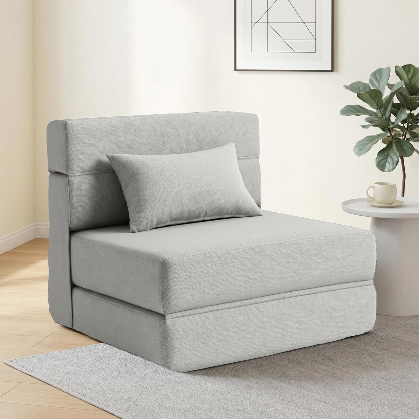 SUYOLS Folding Sofa Bed with Pillow- Convertible Chair Floor Couch & Sleeping Mattress, Foldable Memory Foam Sleeper for Living Room/Dorm/Guest Room/Home Office/Apartment/Loft, Single28, Light Gray