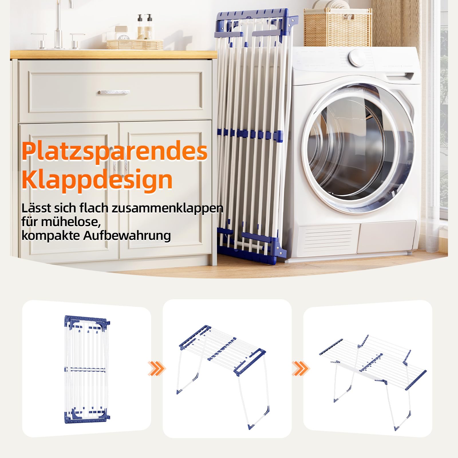 KINGBOARD Wäscheständer klappbar ausziehbar, Flügelwäscheständer 57 x 162 x 86 cm, Stabiler Standtrockner mit rutschfesten Füßen für Innen und Außen, Weiß