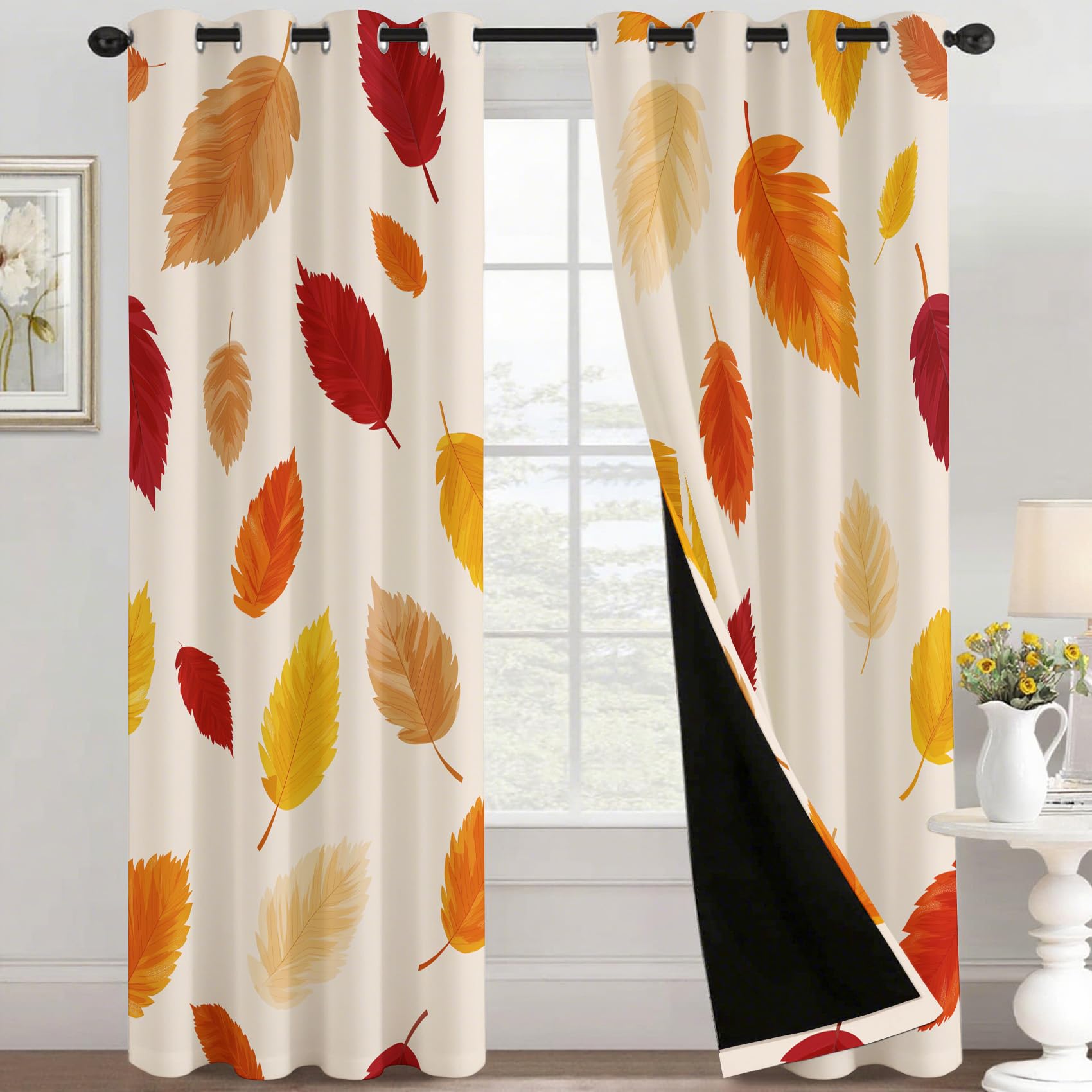 Generisch Herbst Blatt Vorhang Blickdicht 2er Set, H 260 x B 140, 95% Verdunklung, Herbst Blätter Vorhänge für Wohnzimmer Schlafzimmer Deko, Thermo Fenster Gardinen mit Ösen OSF191