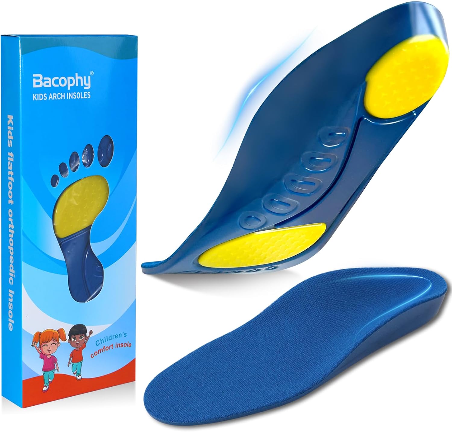 Bacophy Kids Orthotic Arch Support Shoe Insoles, Children Pu Cushioning Inserts, Shock Absorption Velvet Surfaces Deep Heel Cup Inner Sole for Flat Feet, Plantar Fasciitis, Feet Heel Pain Relief