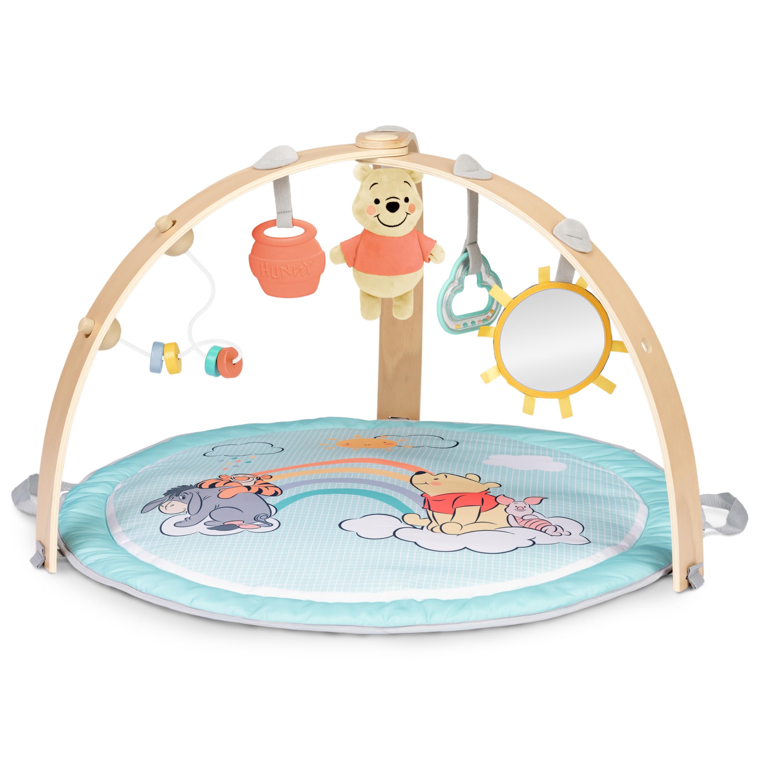 Bright Starts Disney Baby Winnie The Pooh Hunny Hangout Gimnasio de Actividades para bebé, cojín para el Tiempo Boca Abajo y Manta Reversible, 5 Juguetes incluidos, Unisex, Desde recién Nacido