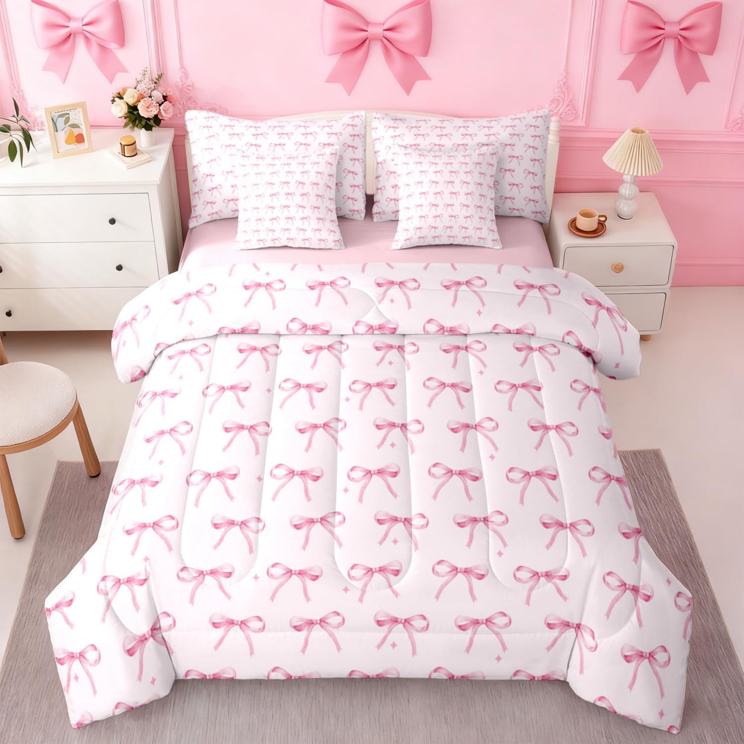 Erosebridal Cartoon Bowknot Kids Bedding Set Twin,Pink Ribbon Bow Comforter Sets with Sheets for Girls Butterfly Knot Princess Bed in A Bag,Girly Watercolor Bow 7 Pieces Bed Set Bedroom Decor - Image 5