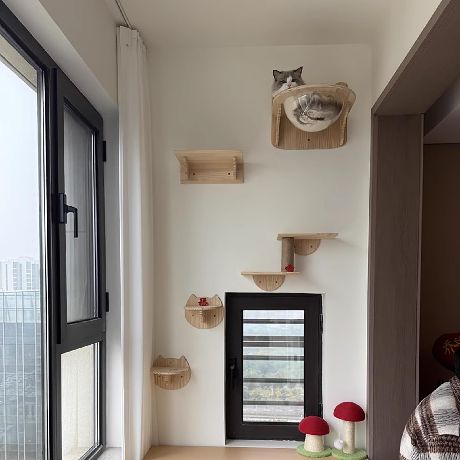 Percorso da Muro per Gatti, Mensole per Gatti, Legno di Pino, Set di Mobili, Ripiani e Trespoli per Parete, Tiragraffi per Parco Giochi con Ripiano per Arrampicata(5pcs)