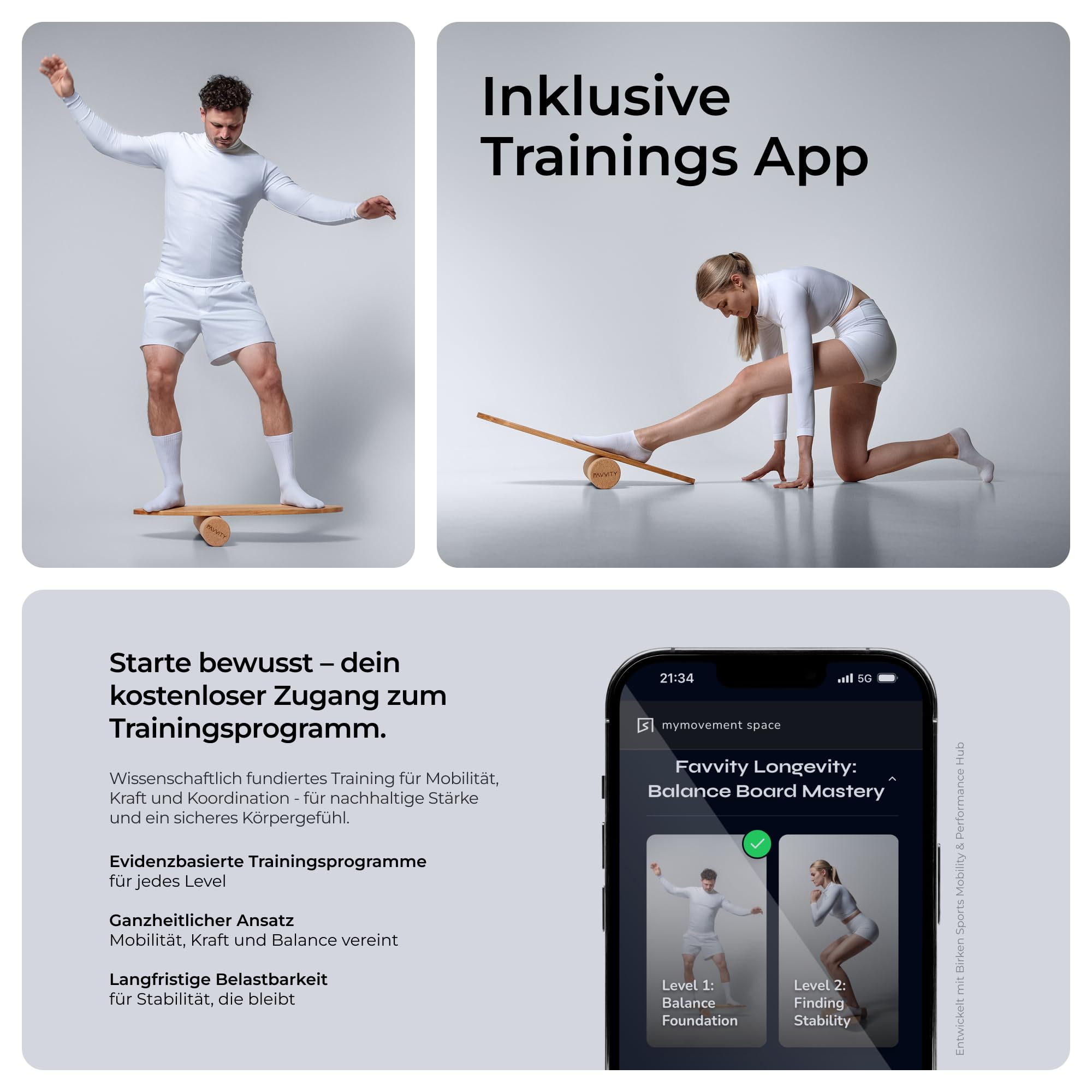 Balance Board aus Eichenholz [Handgefertigt in Deutschland] FSC-zertifizierter Gleichgewichtstrainer mit Trainings-App | Waveboard Surf Balance Board Erwachsene & Kinder | Balanceboards - FAVVITY®