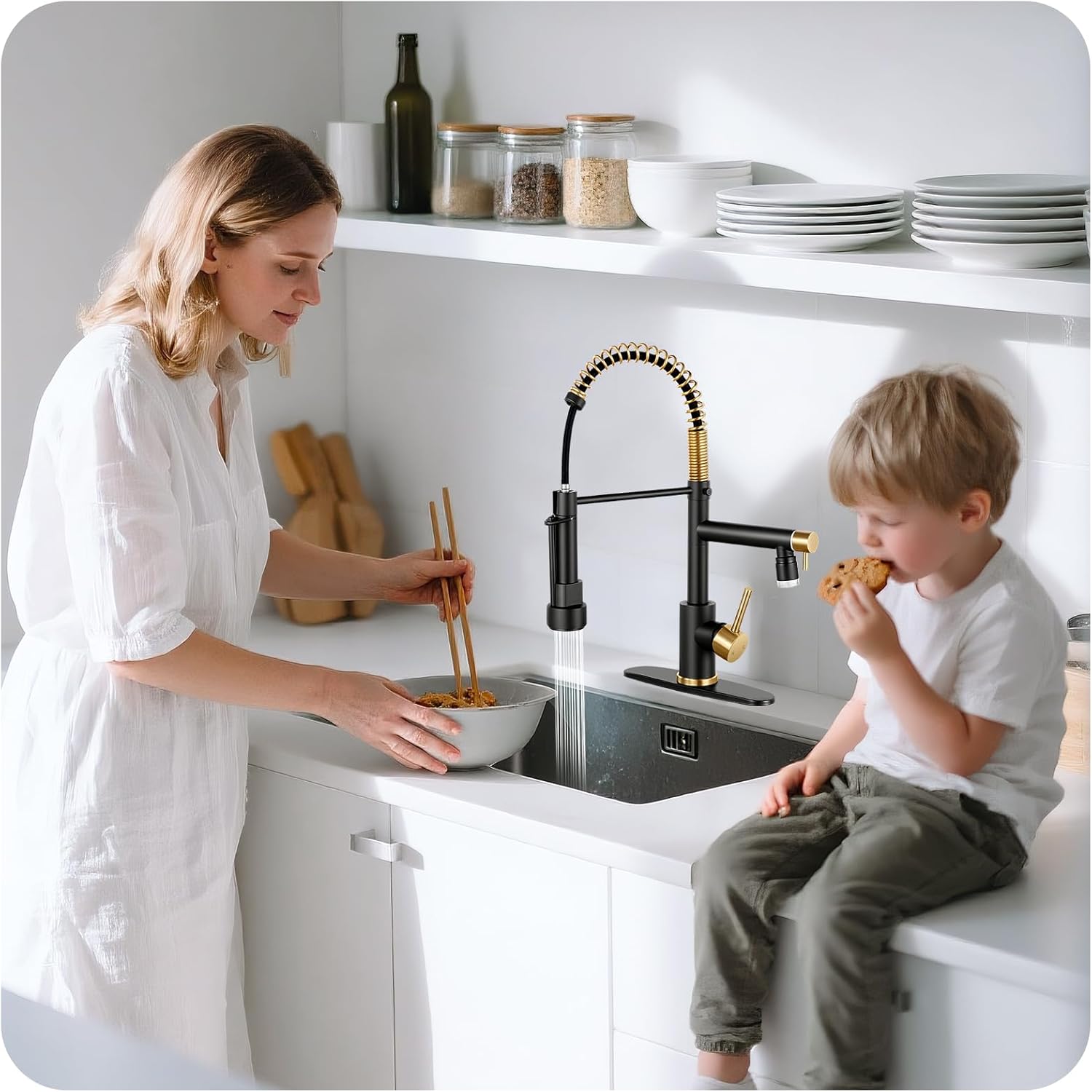 LED Kitchen Faucet with Pull Down Sprayer - Black & Brushed Gold Single Handle Commercial Kitchen Faucets, 2-Spout Kitchen Sink Faucet, Stainless Steel Spring Pull Out Sink Faucet 1/3 Hole