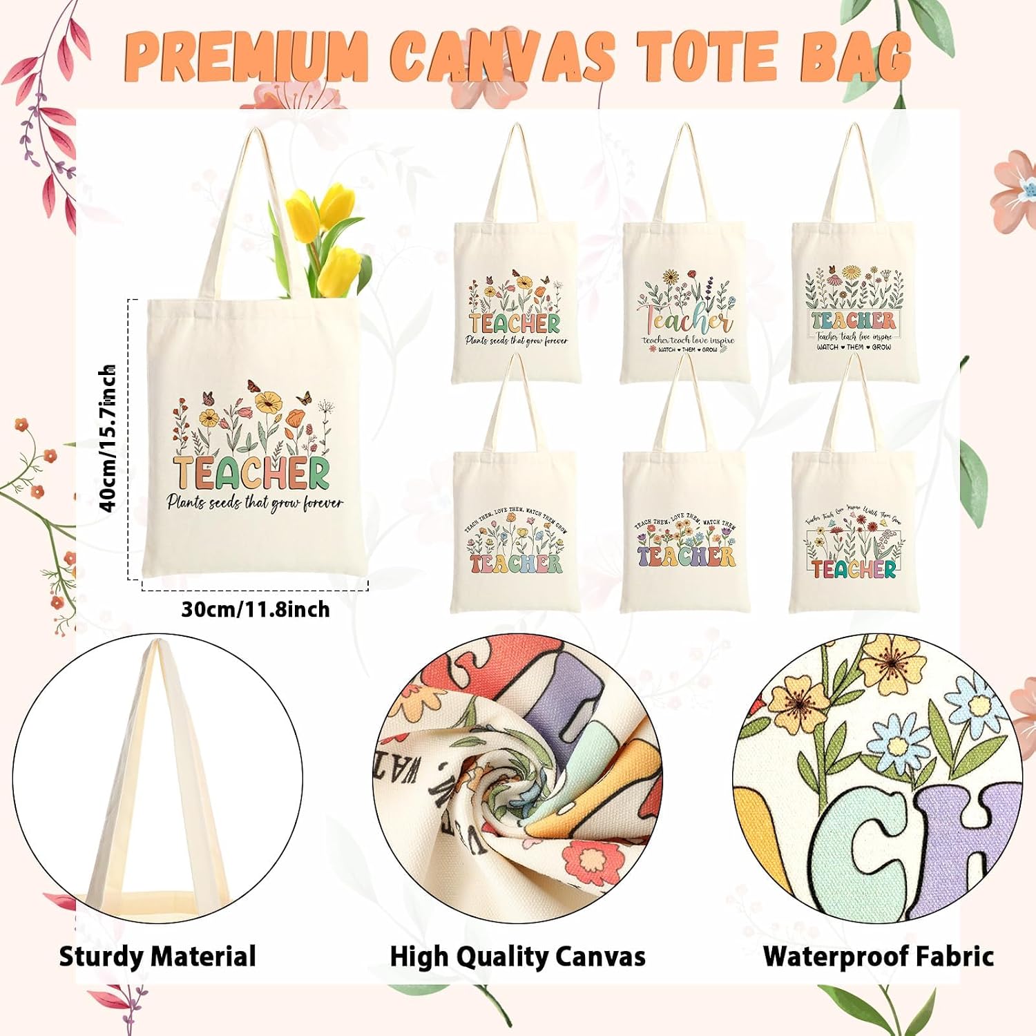 12Pcs Teacher Tote Bags Appreciation Gifts Bulk Thank You Teachers Canvas Tote Bag Personalized Floral Appreciation Canvas Cosmetic Bag for End of Yea Women School Office Summer Supplies