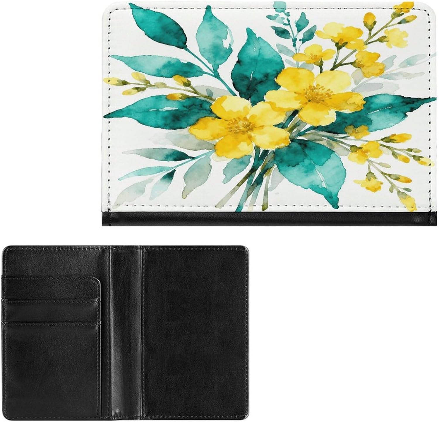 Teal Yellow Floral Passport Holder Cute Portable Passports Cover Slim Identification Passport Holder PU Wallet Cover Case for Travel for Women Men Travel Cruise