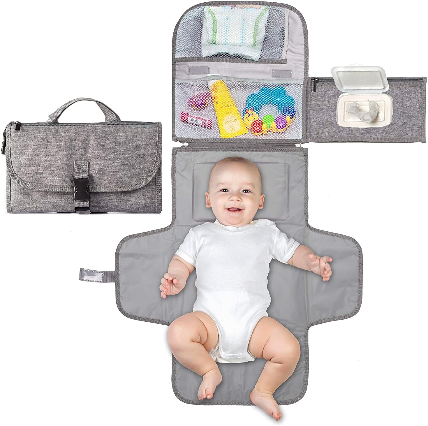 TAME Portable Changing Mat, Portable Diaper Changing Pad, Portable Changing Pad for Newborn Girl & Boy - Baby Changing Pad with Smart Wipes Pocket – Waterproof Travel Changing Kit (Grey)
