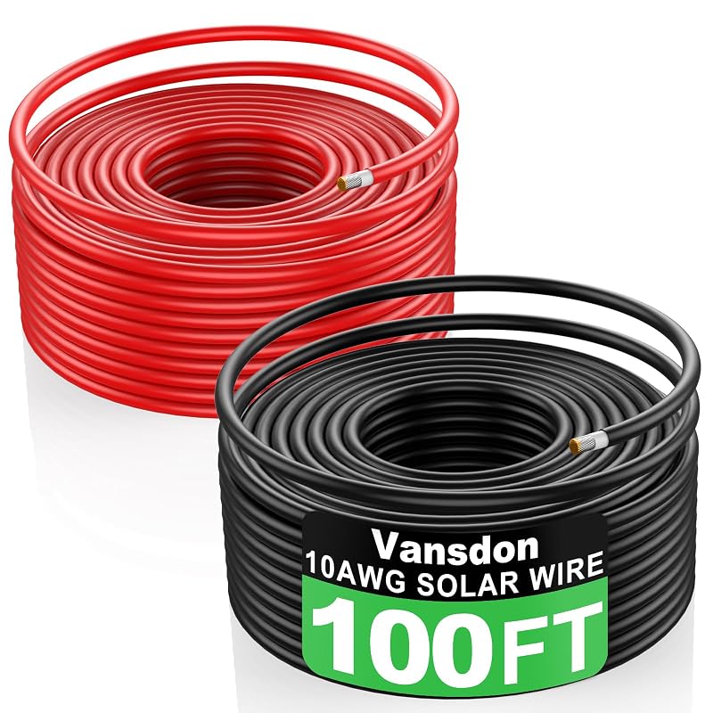 Cabo solar fotovoltaico Vansdon 10AWG com condutor de cobre estanhado, XLPE, IP68, preto e vermelho, 30,48 m cada, kit com 2 cabos