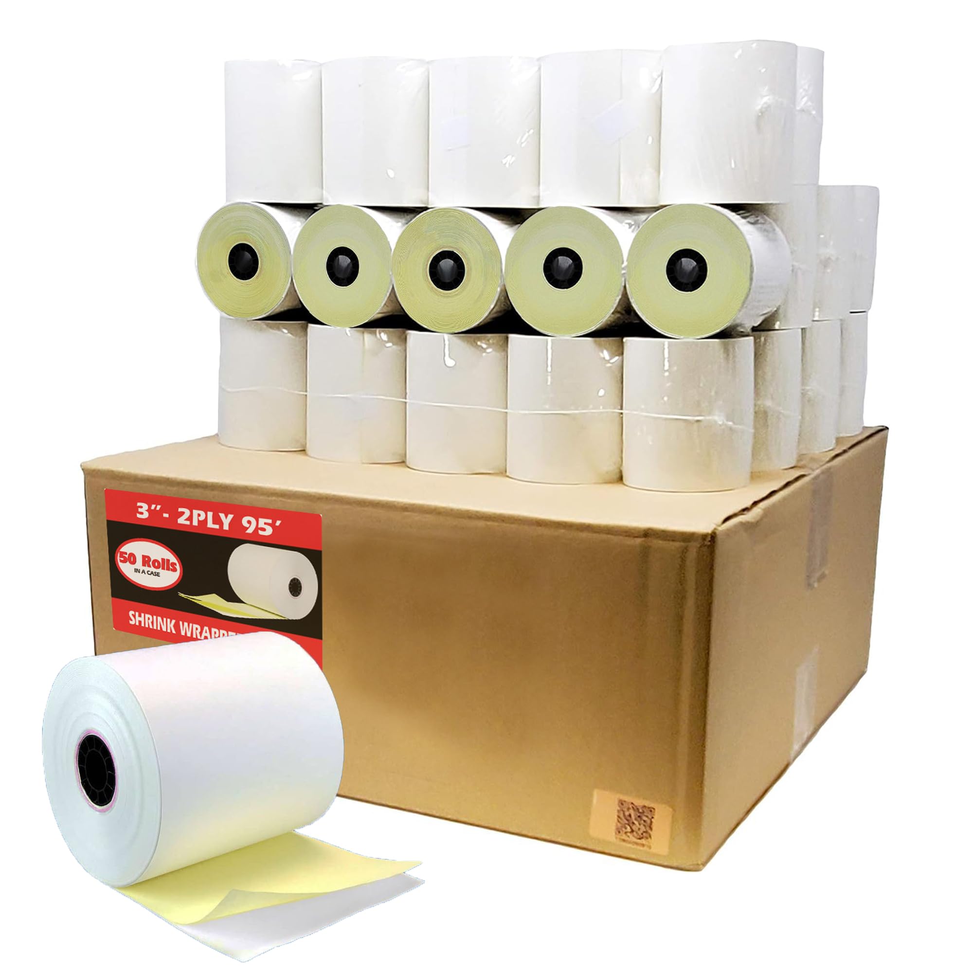 BuyRegisterRolls 2 Ply Carbonless Rolls (50 Rolls) 3 X 95 Feet Carbonless White/Canary Kitchen Printer Paper Rolls With Solid Tube Core โ image 1