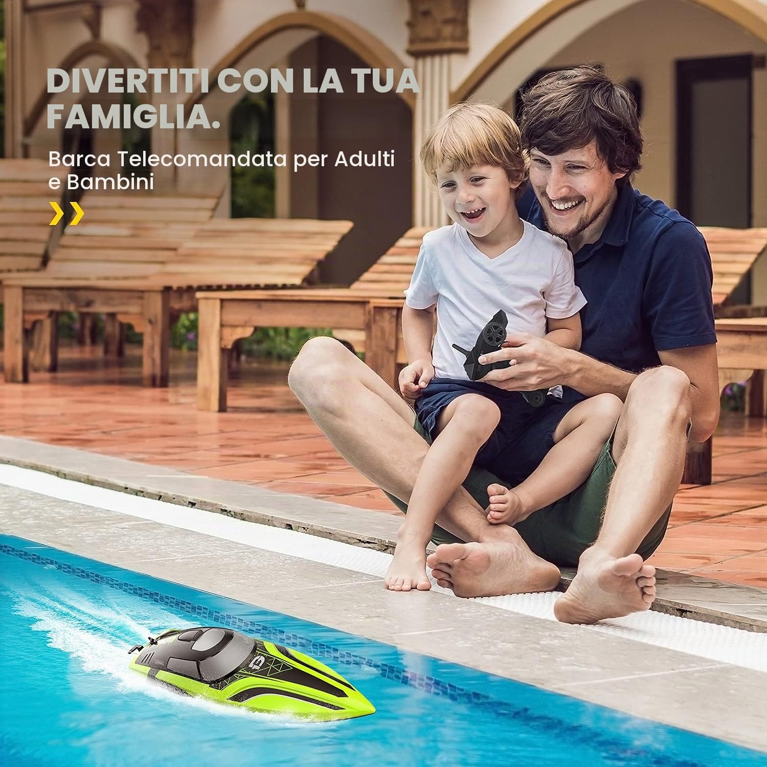 DEERC Barca RC con Luce LED, 30+ Minuti, Barca Telecomandata Auto-Raddrizzante per Piscine e Laghi, 20+ MPH, Barche da Corsa 2,4GHz, 2 Batterie, Giocattoli per Piscina per Bambini, Imbarcazione