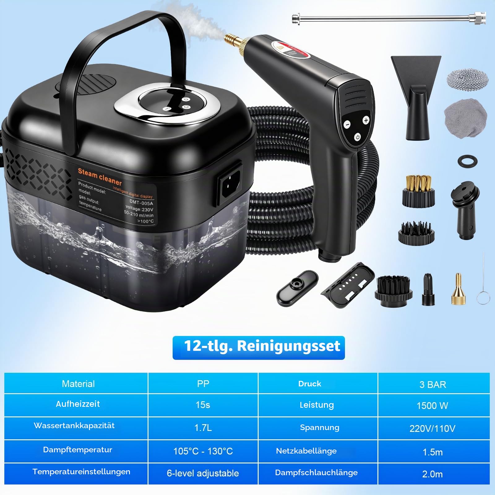 RUIZHI 6-Stufig Dampfreiniger Handgerät mit 12 Zubehör, Steam Cleaner Handheld 1700ML Tank, 1500W Mehrzweck, Dampfdruck 3.5Bar, Aufheizzeit 15s, Dampfreiniger für Alles Boden Auto Fenster Polstermöbel