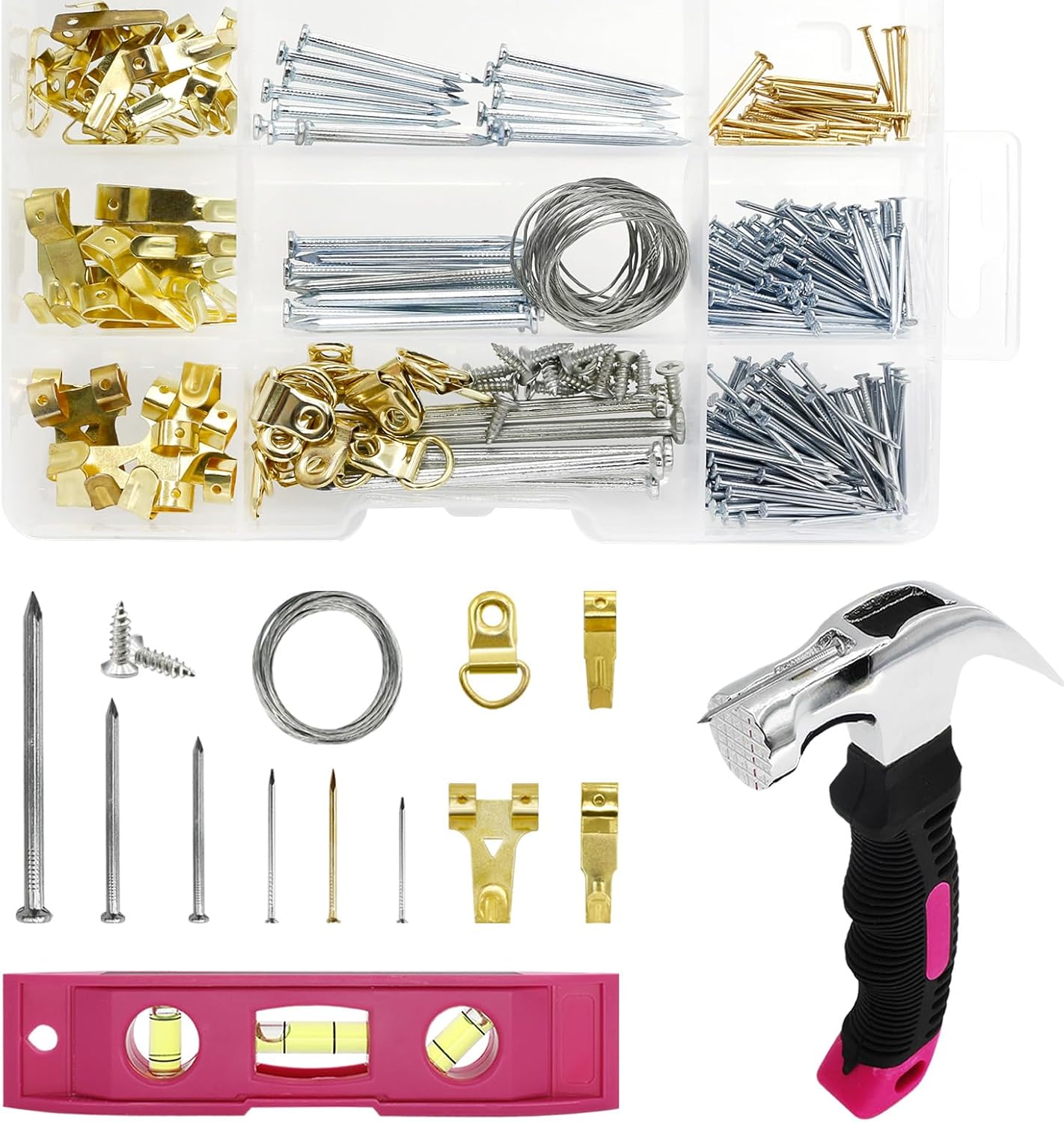 308Pcs Picture Hanging Kit, Hanging Hardware with Hooks, D Ring, Nails, Wire Wall Hanging Kits with Magnetic Level, Small Pink Claw Hammer for Hanging Pictures Frame Painting Home Office Wall Decor