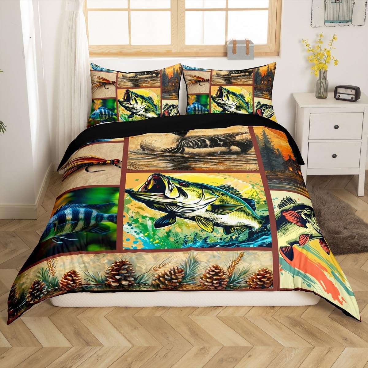 jejeloiu Kids Pike Fish Bedding Set Toddler Size, Mallard Duck Duvet Cover Fishing and Hunting Comforter Cover Boys Girls Western Farmhouse Teens Bedspread Cover Zipper (No Comforter)