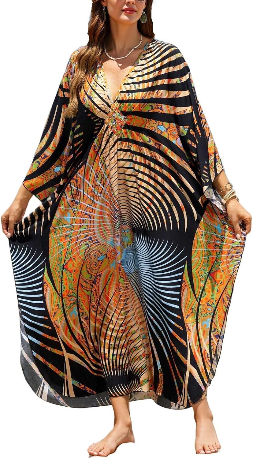 NFVNKJ Kaftan Dresses for Women Plus Size Caftan Swimsuit Cover Up, Boho Beach Dress with Batwing Sleeves