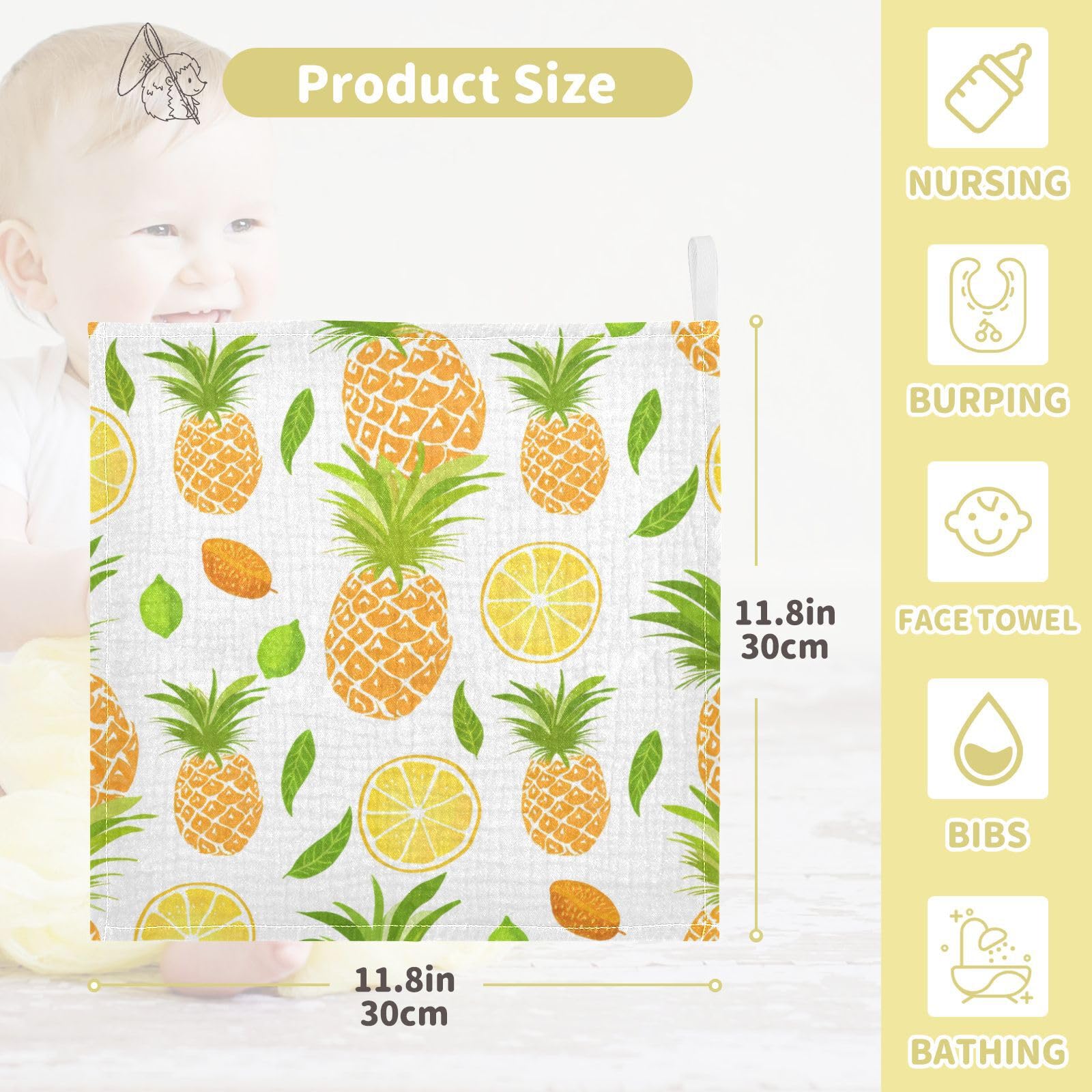 Kigai Cartoon Pineapple Baby Washcloths,5pcs Ultra Soft Absorbent Towel,Newborn Bath Face Towel, Natural Reusable Baby Wipes for Sensitive Skin, Baby Registry as Shower