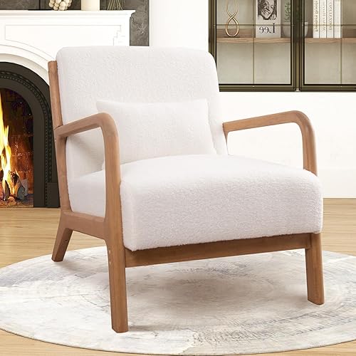 Miniatura 5 de ANJ Silla decorativa moderna de mediados de siglo, sillón de lectura de una sola tela con marco de madera maciza, sillas de brazo de fácil montaje